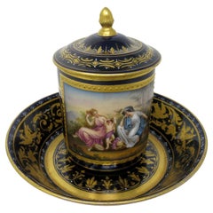 Antike Österreichische Königliche Wiener Sevres Stil Schokolade Teetasse Untertasse Kobaltblau