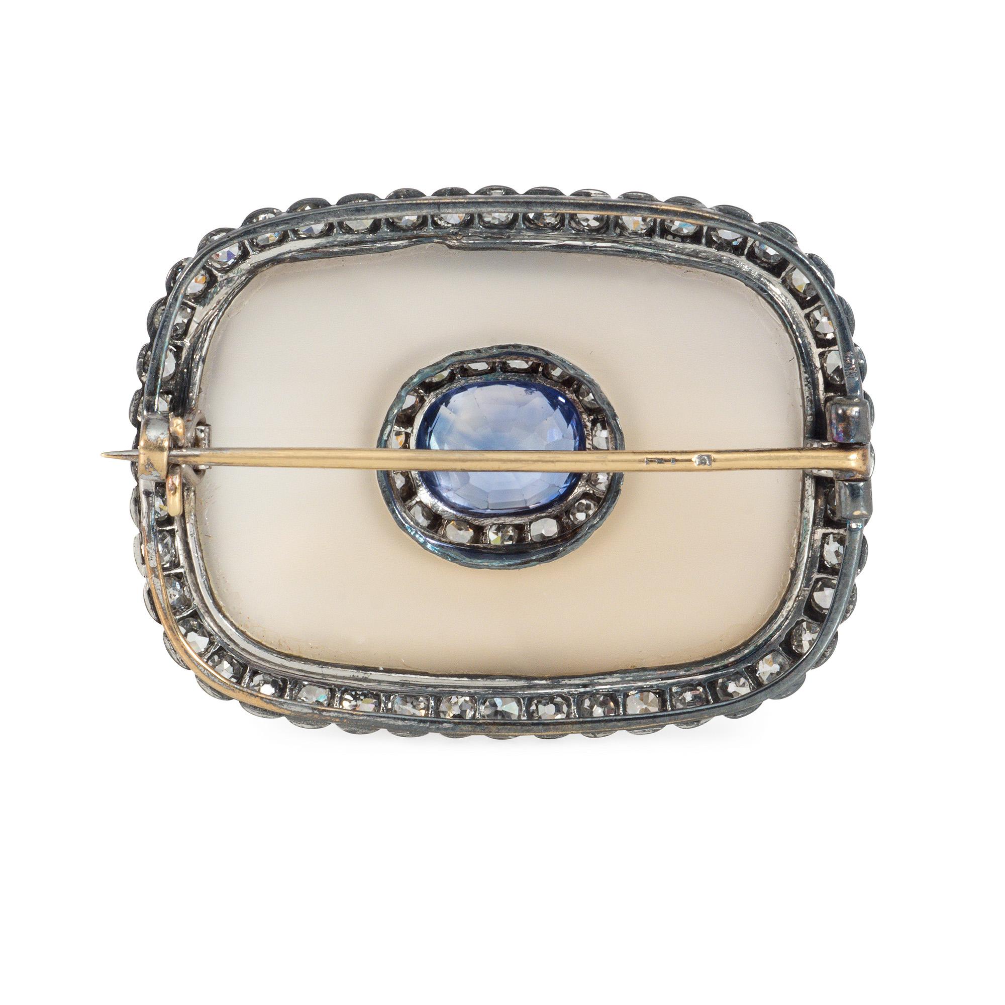 Victorian Antique Austrian Sapphire, Diamond, and Chalcedony Brooch with Cluster Center For Sale