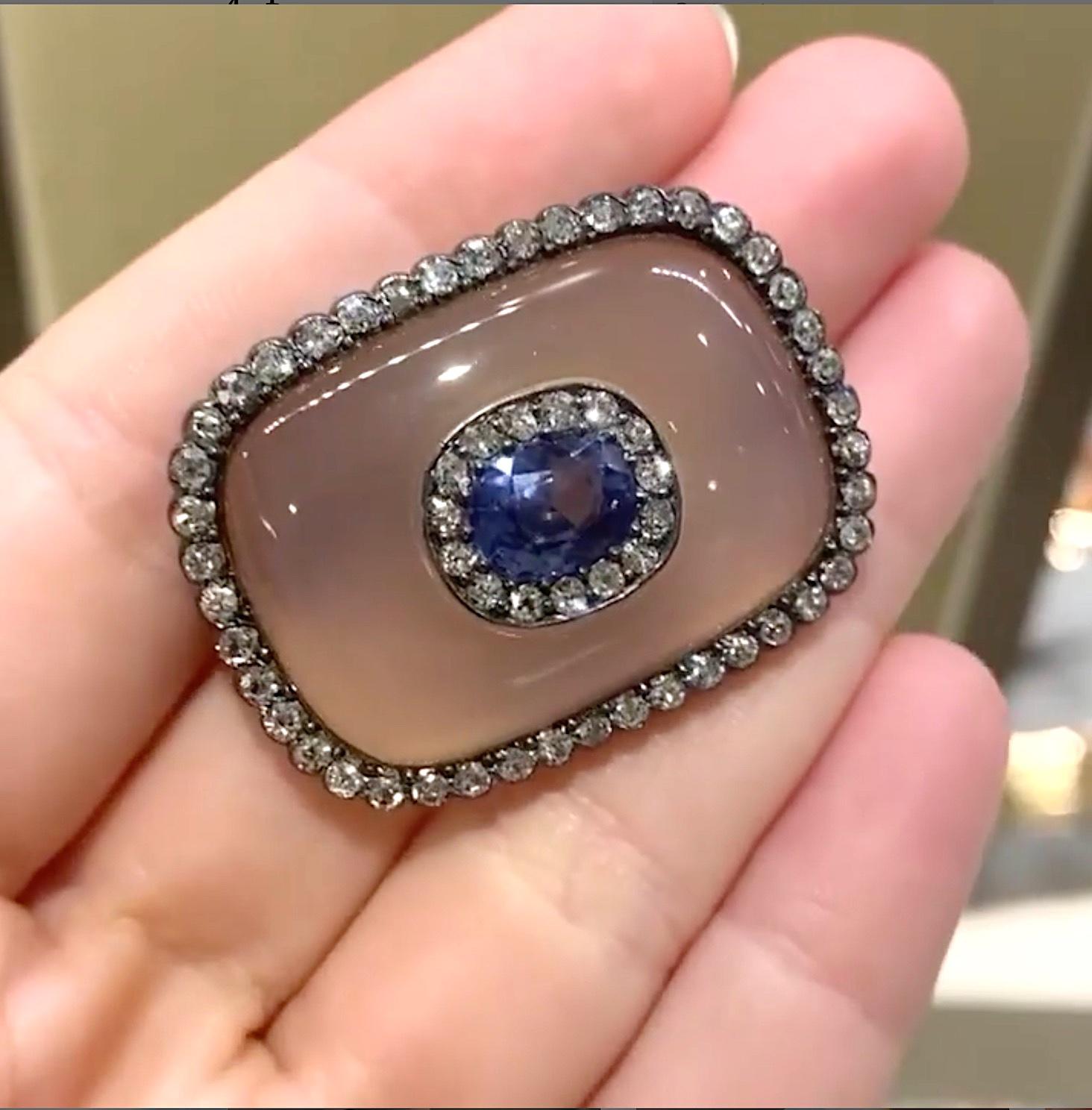 Antique Austrian Sapphire, Diamond, and Chalcedony Brooch with Cluster Center In Good Condition For Sale In New York, NY