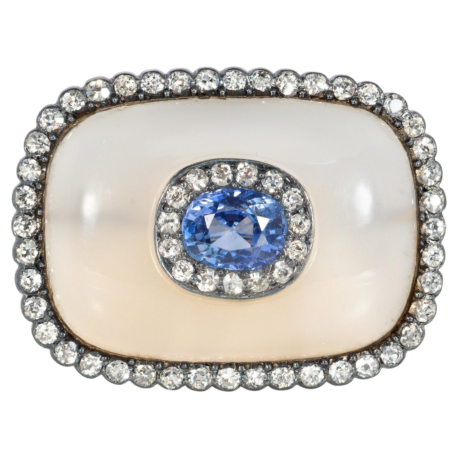 Antique Austrian Sapphire, Diamond, and Chalcedony Brooch with Cluster Center