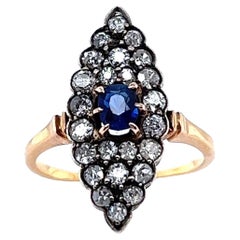 Antique Austrian Sapphire Diamond 14 Karat Gold Navette Ring