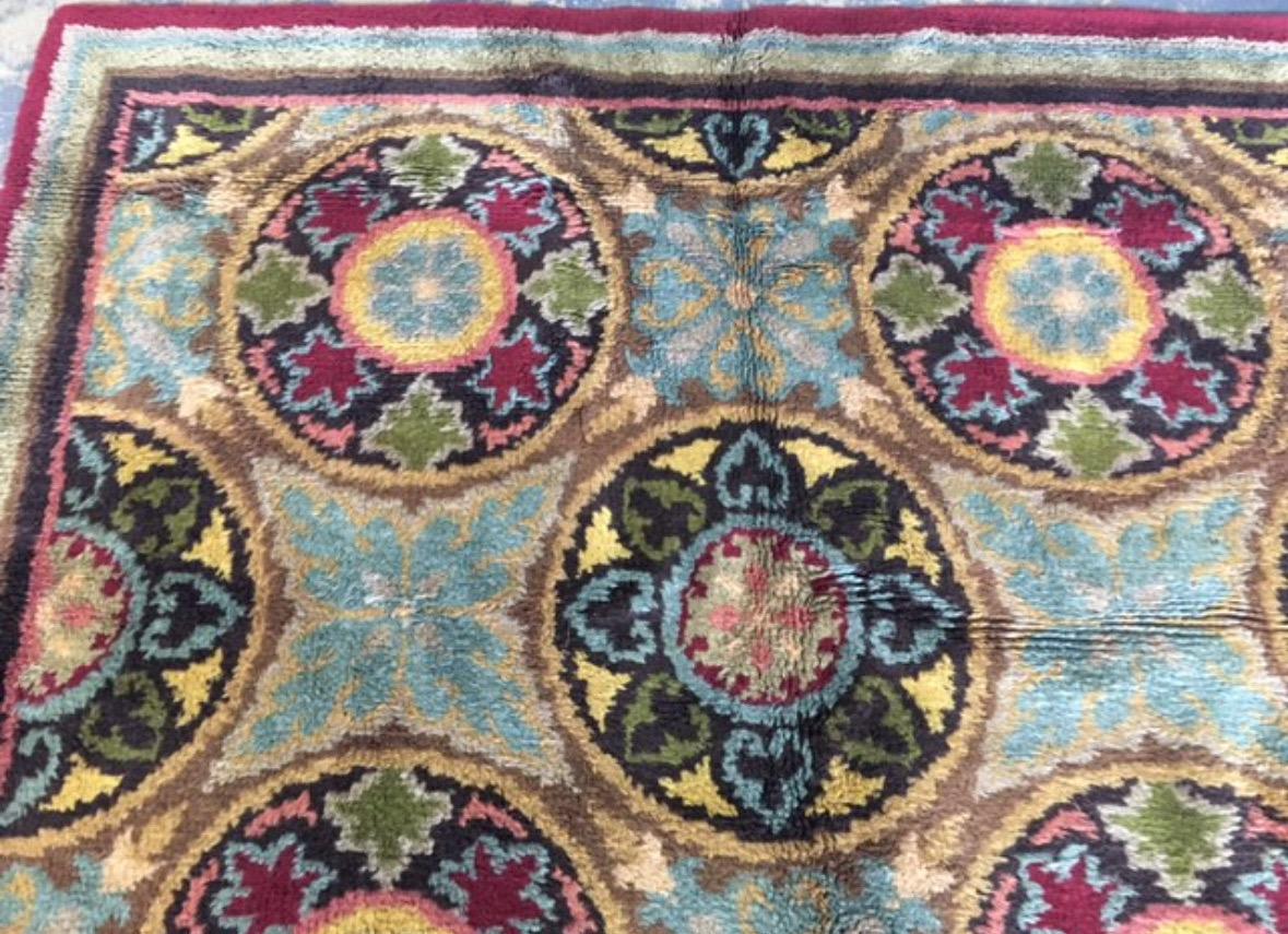 This a rare and pristine Antique Austrian Savonnerie Arts and Crafts Viennese Secession Rug in jewel tones dating back to c. 1890.

It measures 5 x 8.6 ft with full pile. 

Complimentary Shipping!

All sale items are final sale. 