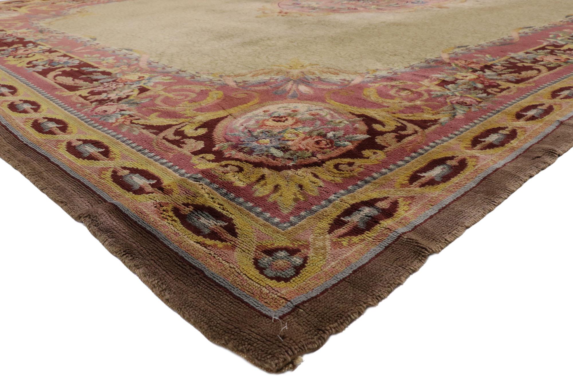72981, antique Austrian Savonnerie Palace size rug with Louis XV French Rococo style. This hand-knotted wool antique Austrian Savonnerie palace size rug beautifully showcases Louis XV and French Rococo Style. Taking center stage is a large-scale