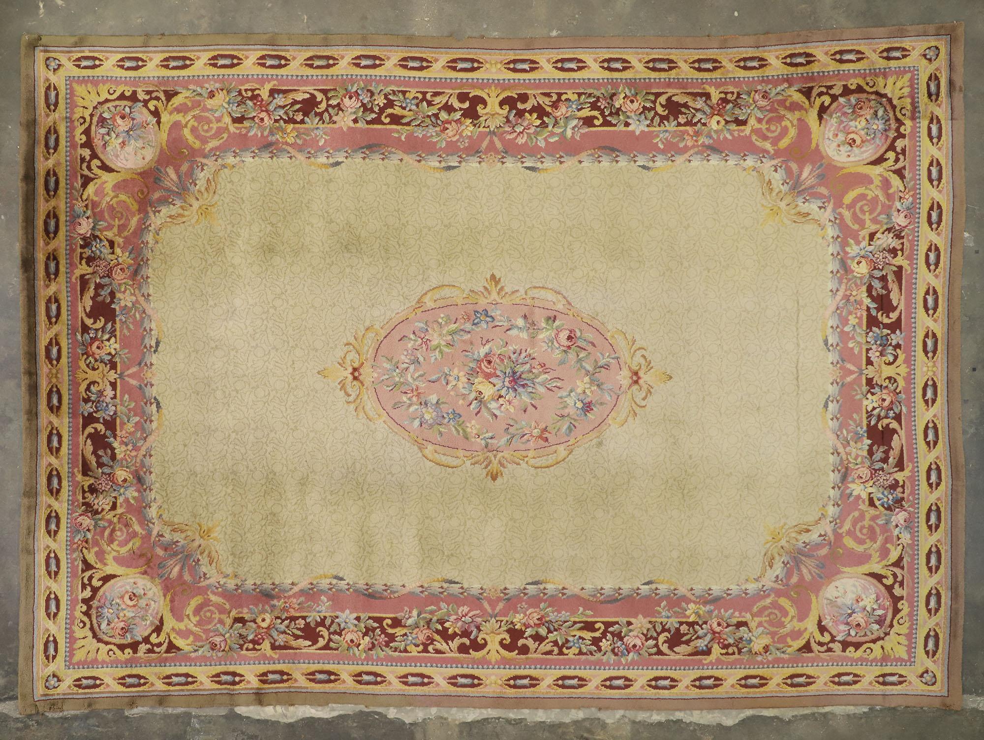 Antique Austrian Savonnerie Palace Size Rug with Louis XV Rococo Style In Distressed Condition In Dallas, TX