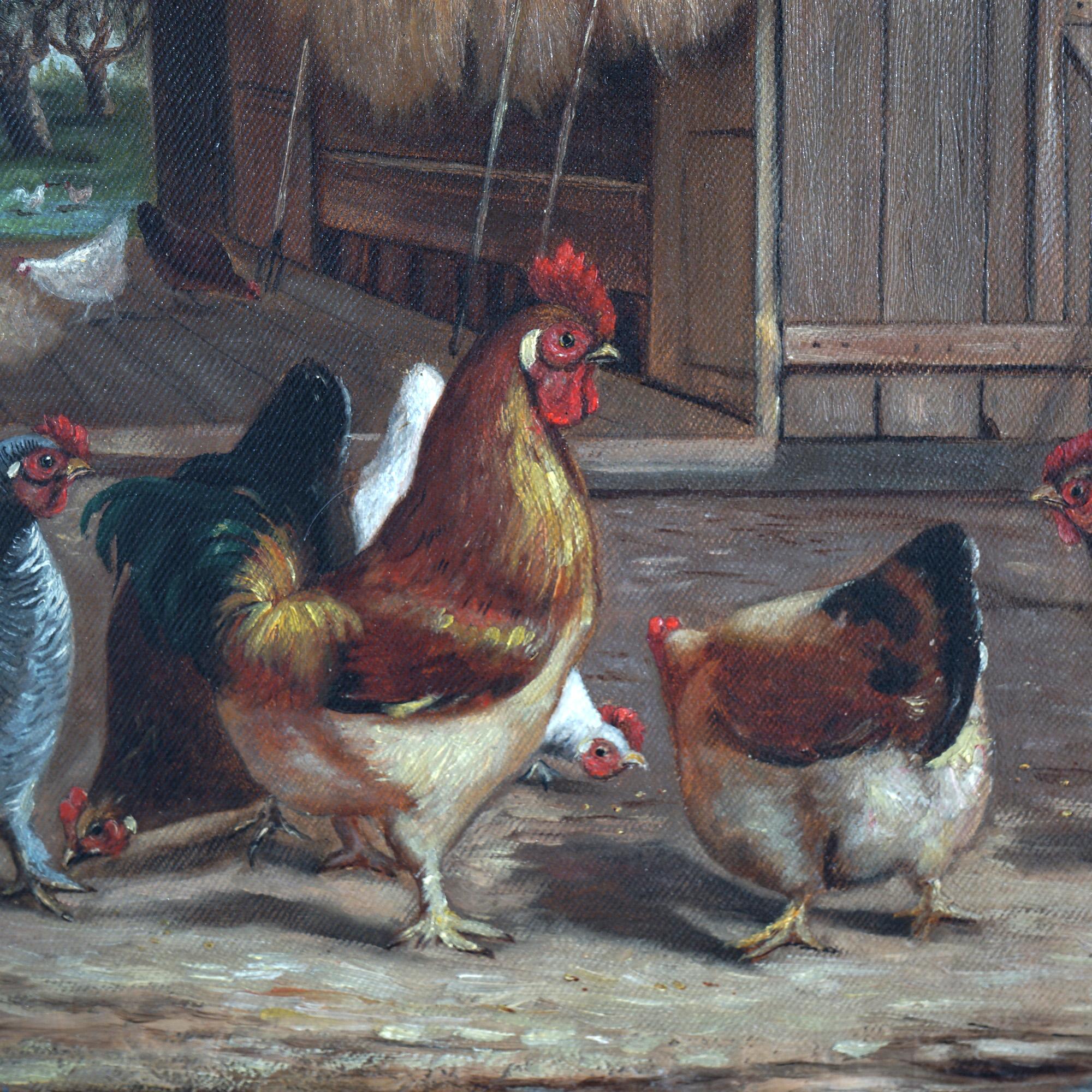 Antique Austrian School Oil Painting of Chickens In Barnyard, Signed Johnson 5