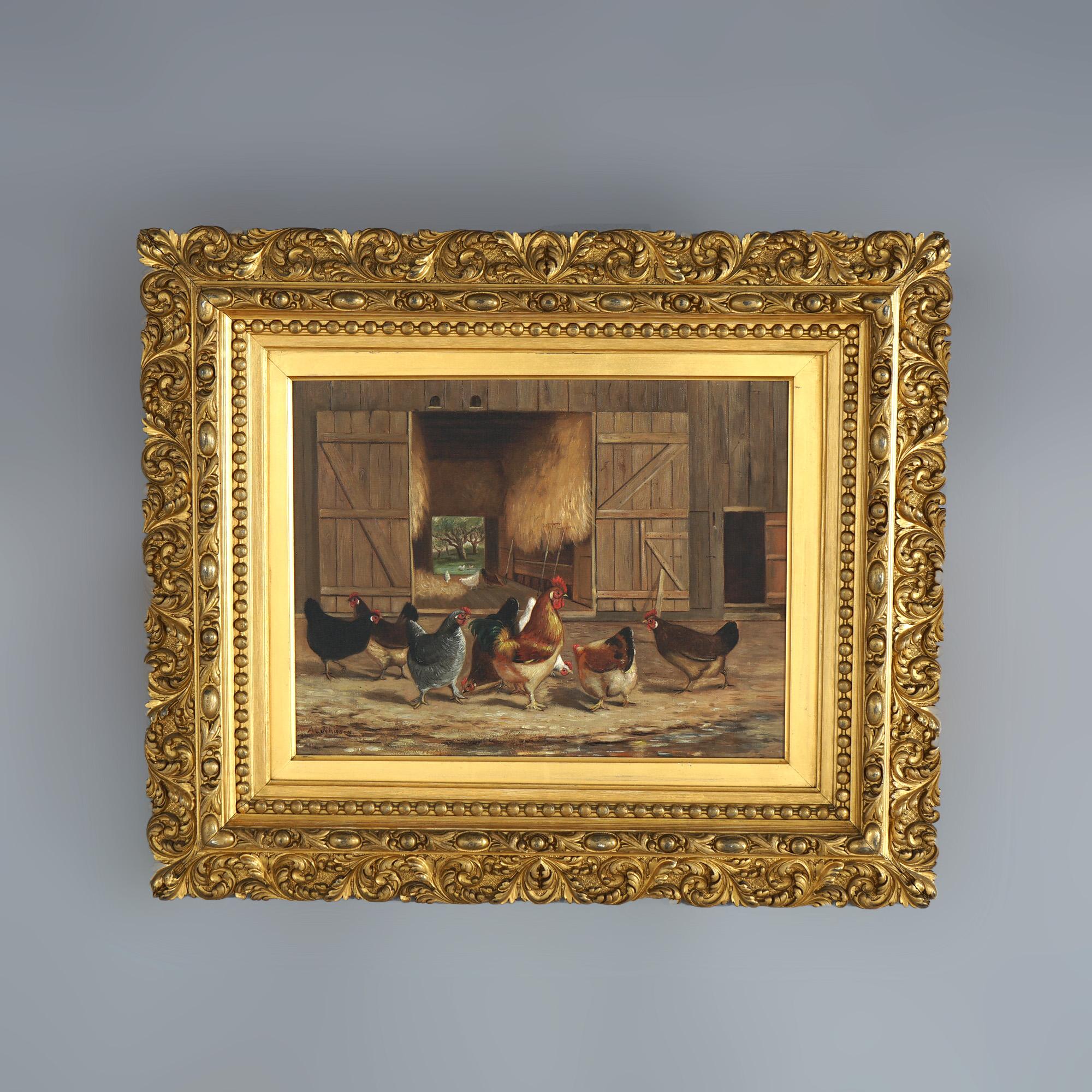 An antique painting by A. L. Johnson in the manner of Ben Austrian offers oil on canvas barnyard scene with chickens, artist signed, seated in giltwood frame, 19th c

Measures - 24