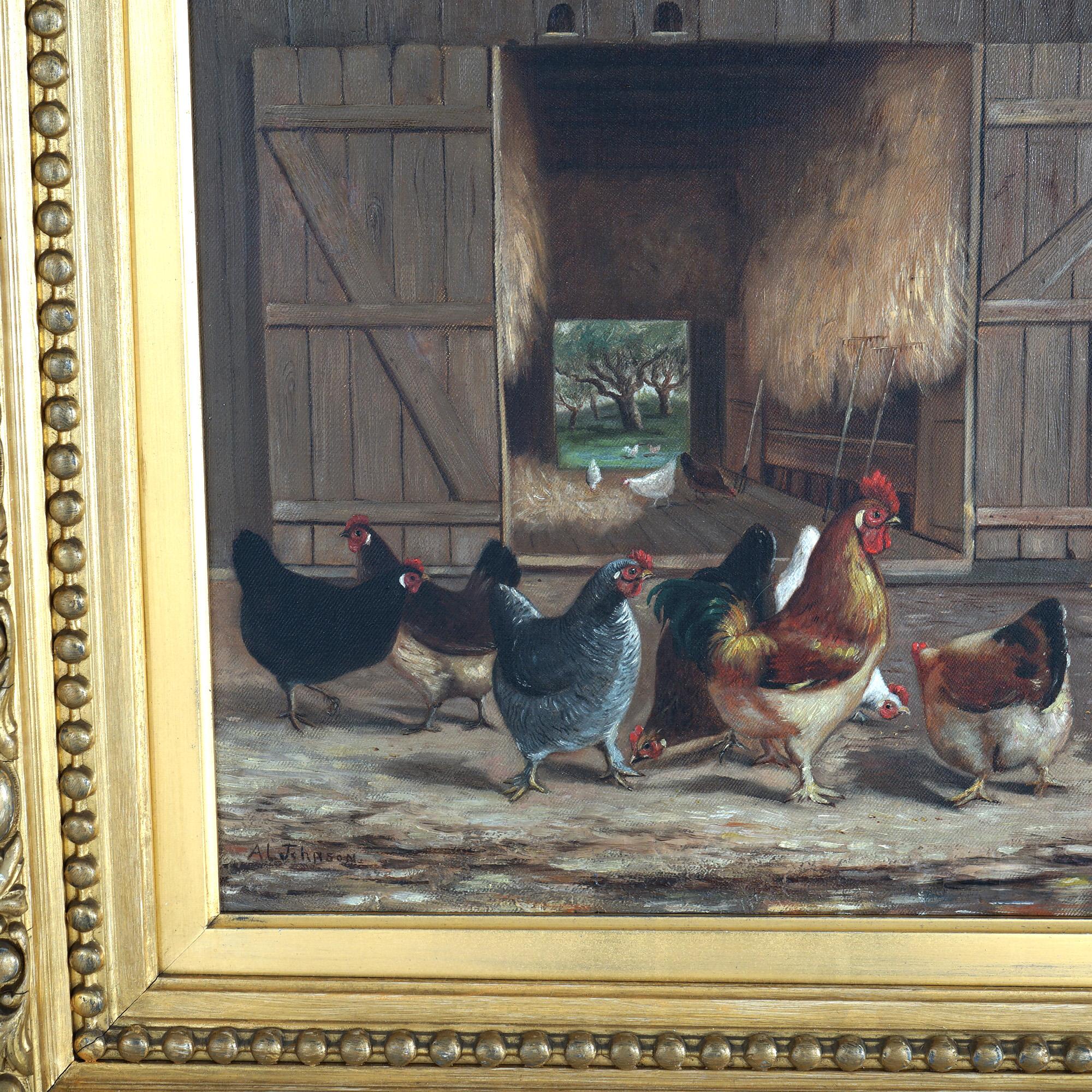 Antique Austrian School Oil Painting of Chickens In Barnyard, Signed Johnson 1