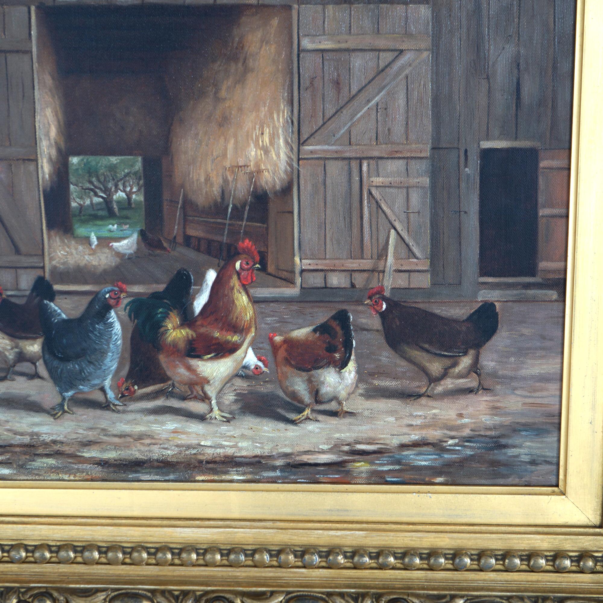 Antique Austrian School Oil Painting of Chickens In Barnyard, Signed Johnson 2