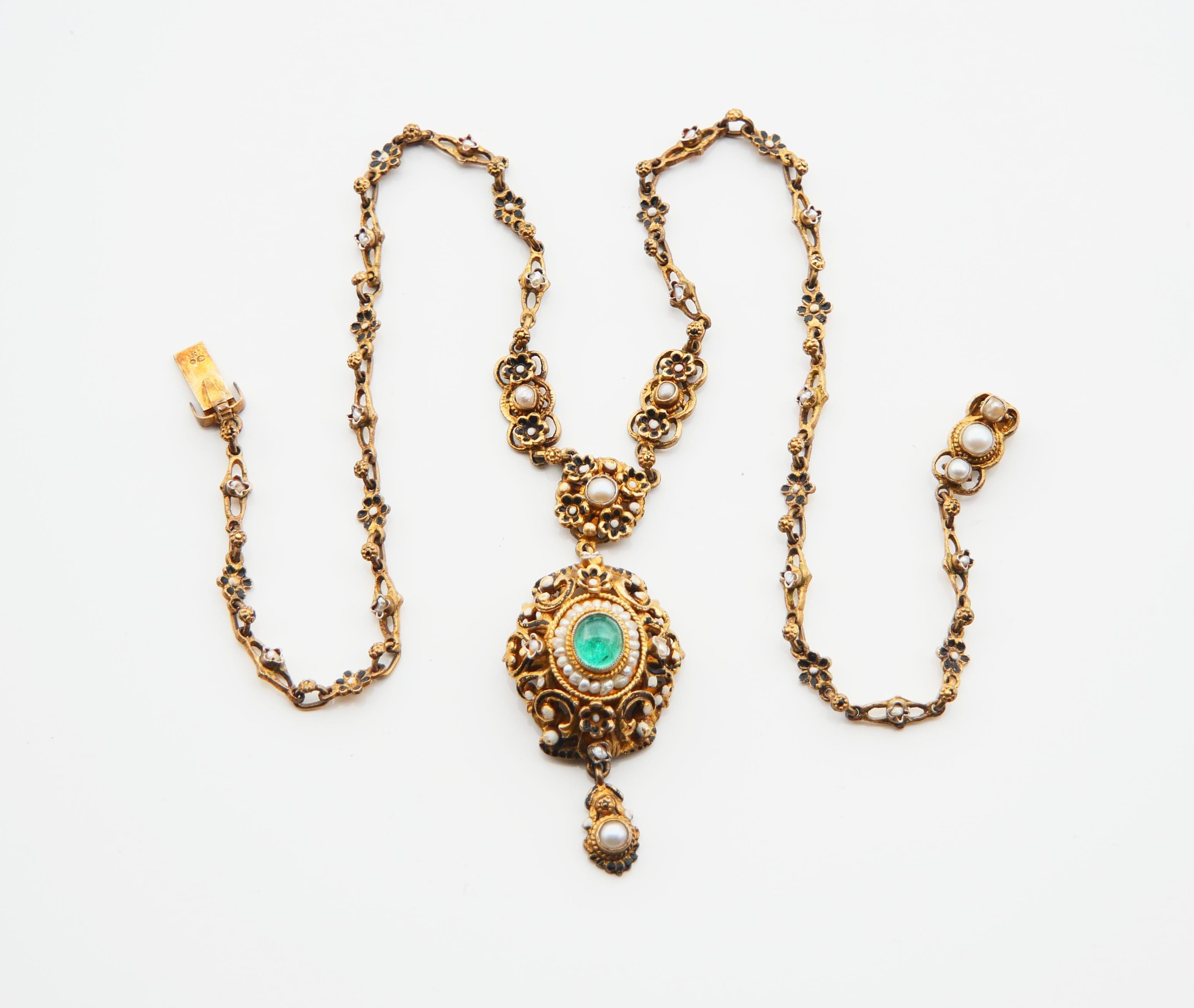 Ensemble autrichien ancien naturel 12 ctw. Emerald Seed Pearls Gilt Silver / 55.7gr en vente 2