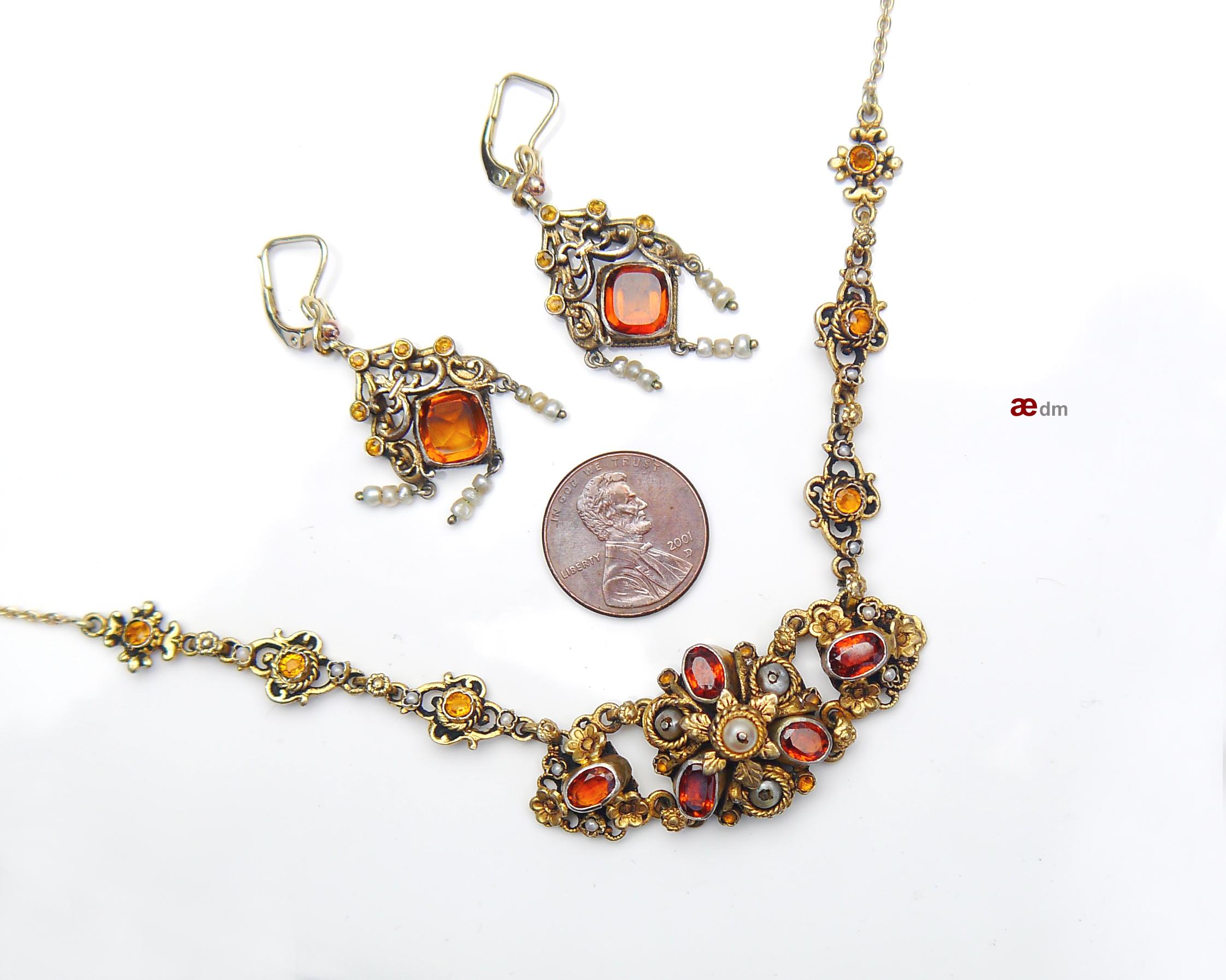 Antike österreichische Halskette + Ohrringe Citrinen Perlen Silber 18K Gold/27,7gr im Angebot 9