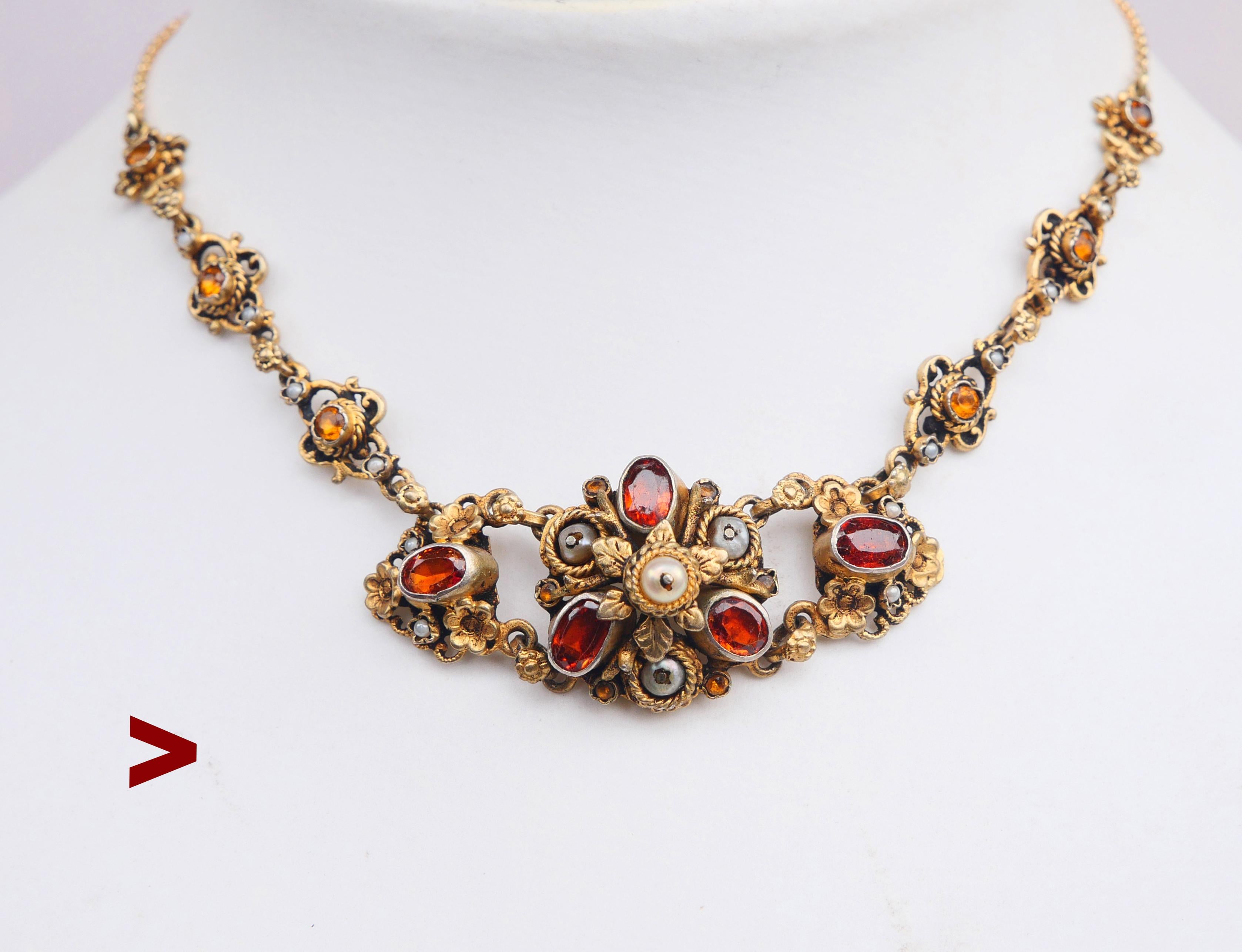 Antike österreichische Halskette + Ohrringe Citrinen Perlen Silber 18K Gold/27,7gr (Neorenaissance) im Angebot