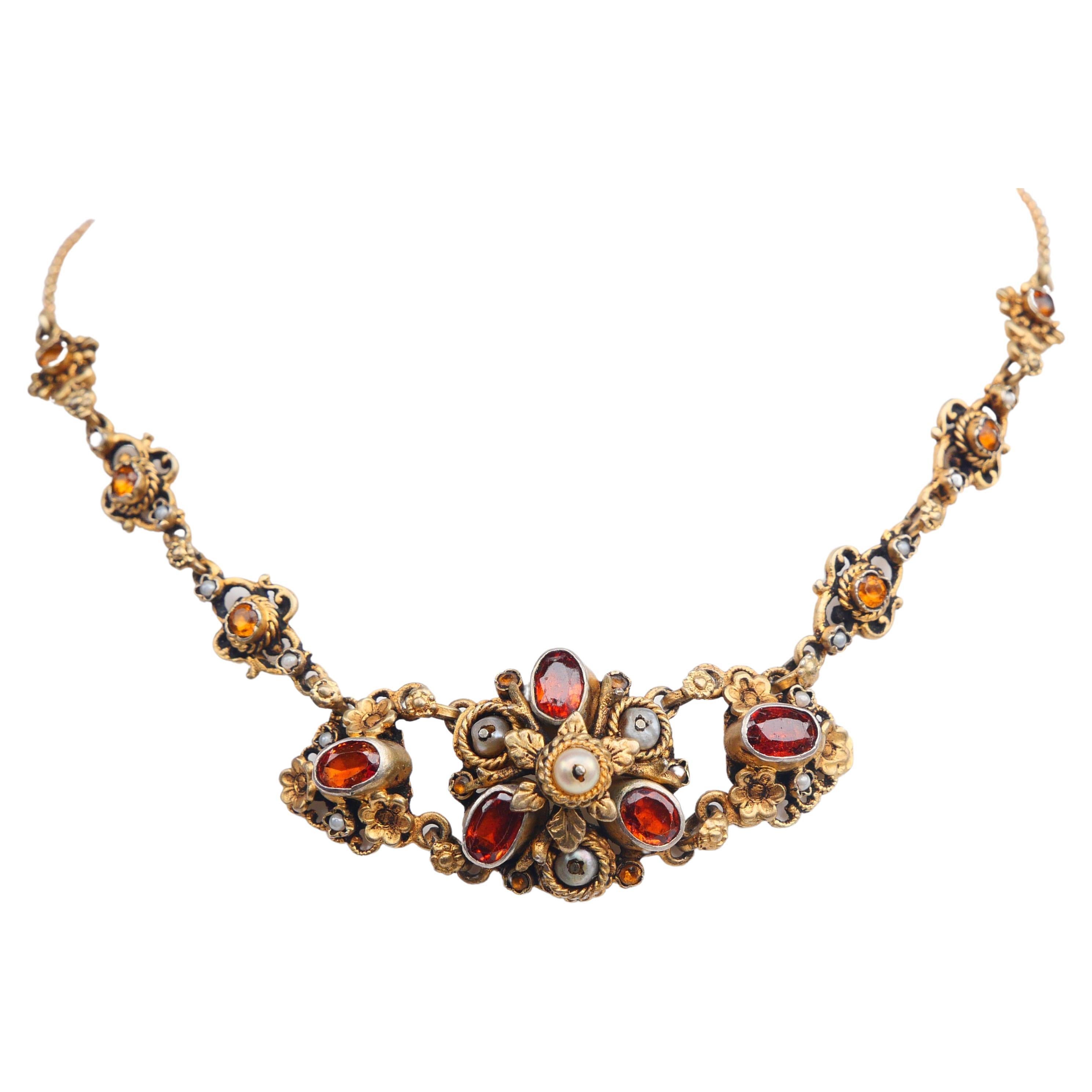 Antike österreichische Halskette + Ohrringe Citrinen Perlen Silber 18K Gold/27,7gr im Angebot