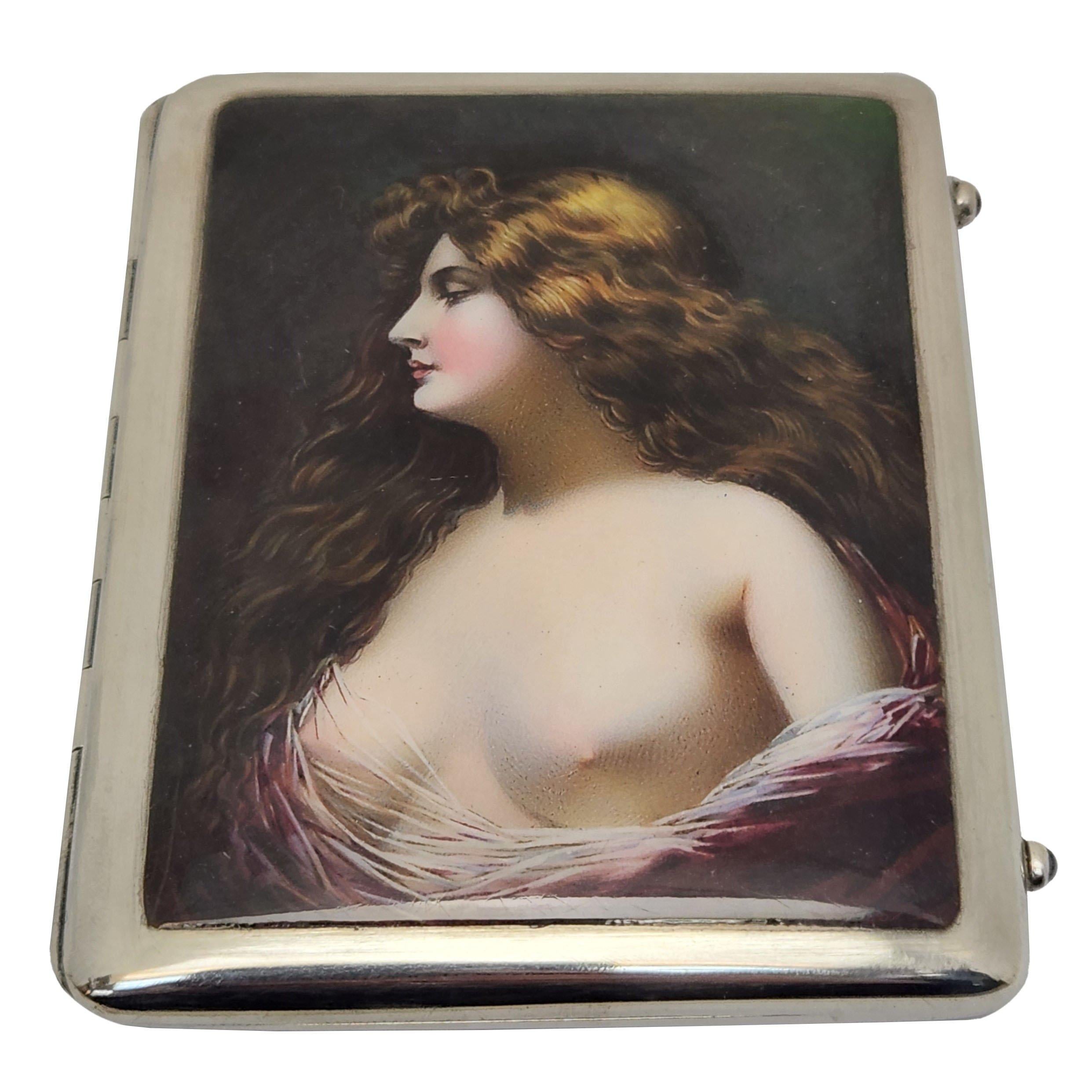 German Antique Austrian Silver & Enamel Cigarette Case c. 1890 Erotic  For Sale