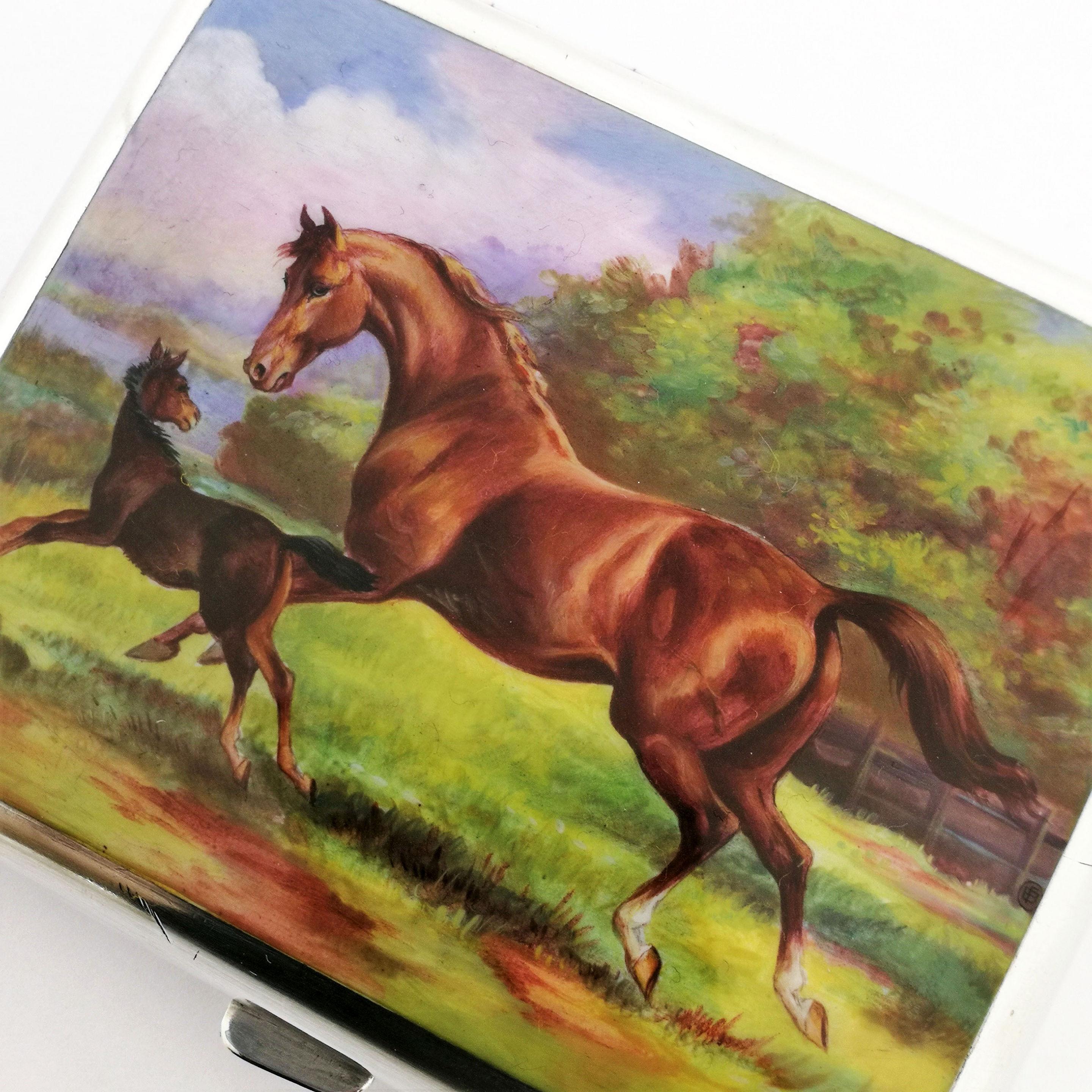 Antique Austrian Silver & Enamel Cigarette Case c. 1900 Horses Equestrian In Good Condition In London, GB