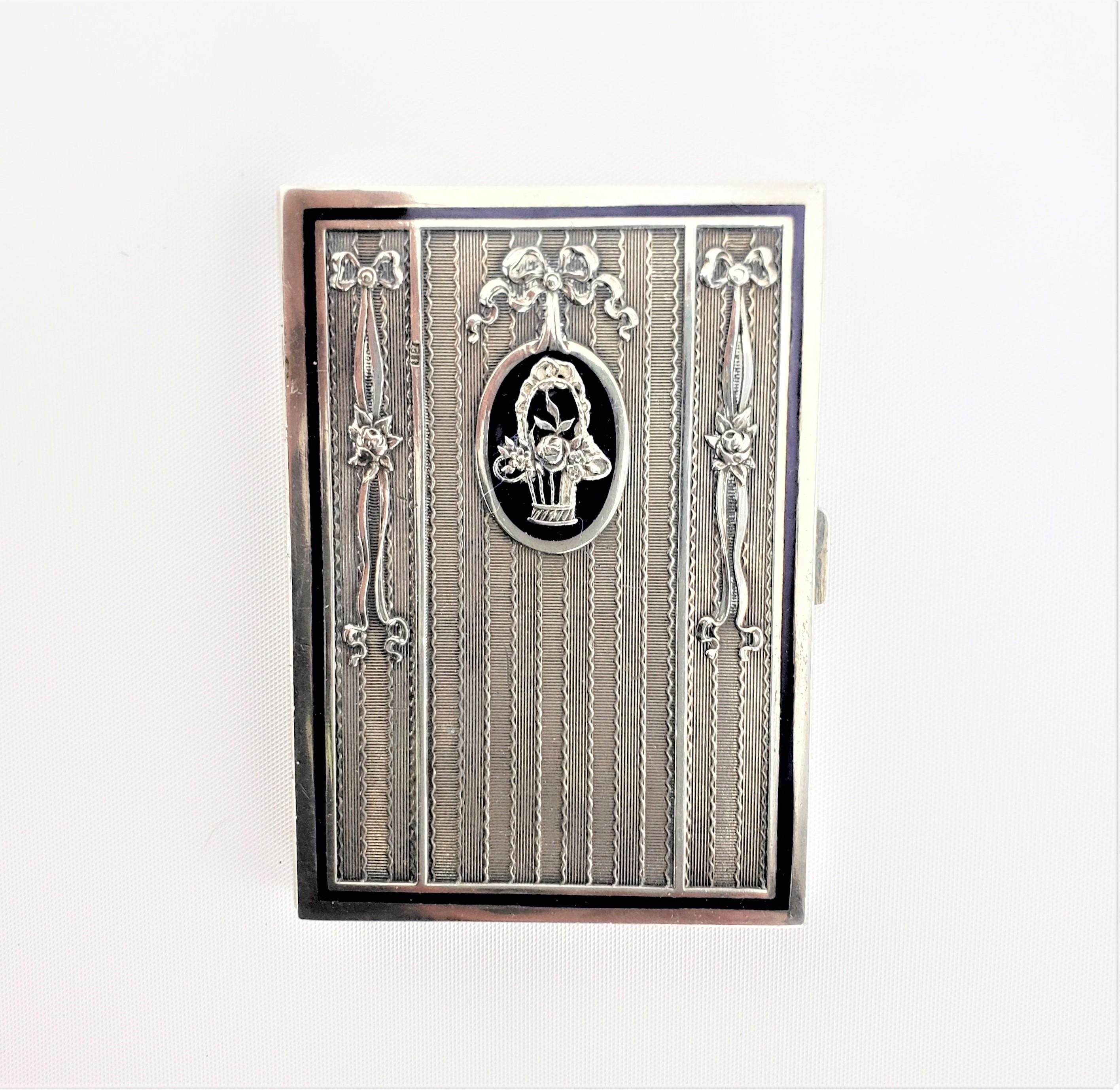 Art Deco Antique Austrian Silver & Enamel Cigarette Case with Floral & Ribbon Decoration For Sale
