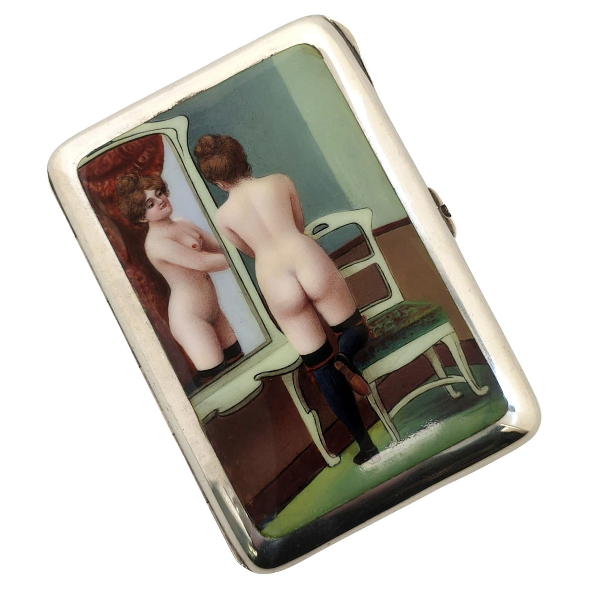 Antico portasigarette erotico austriaco in argento e smalto, 1910 ca.