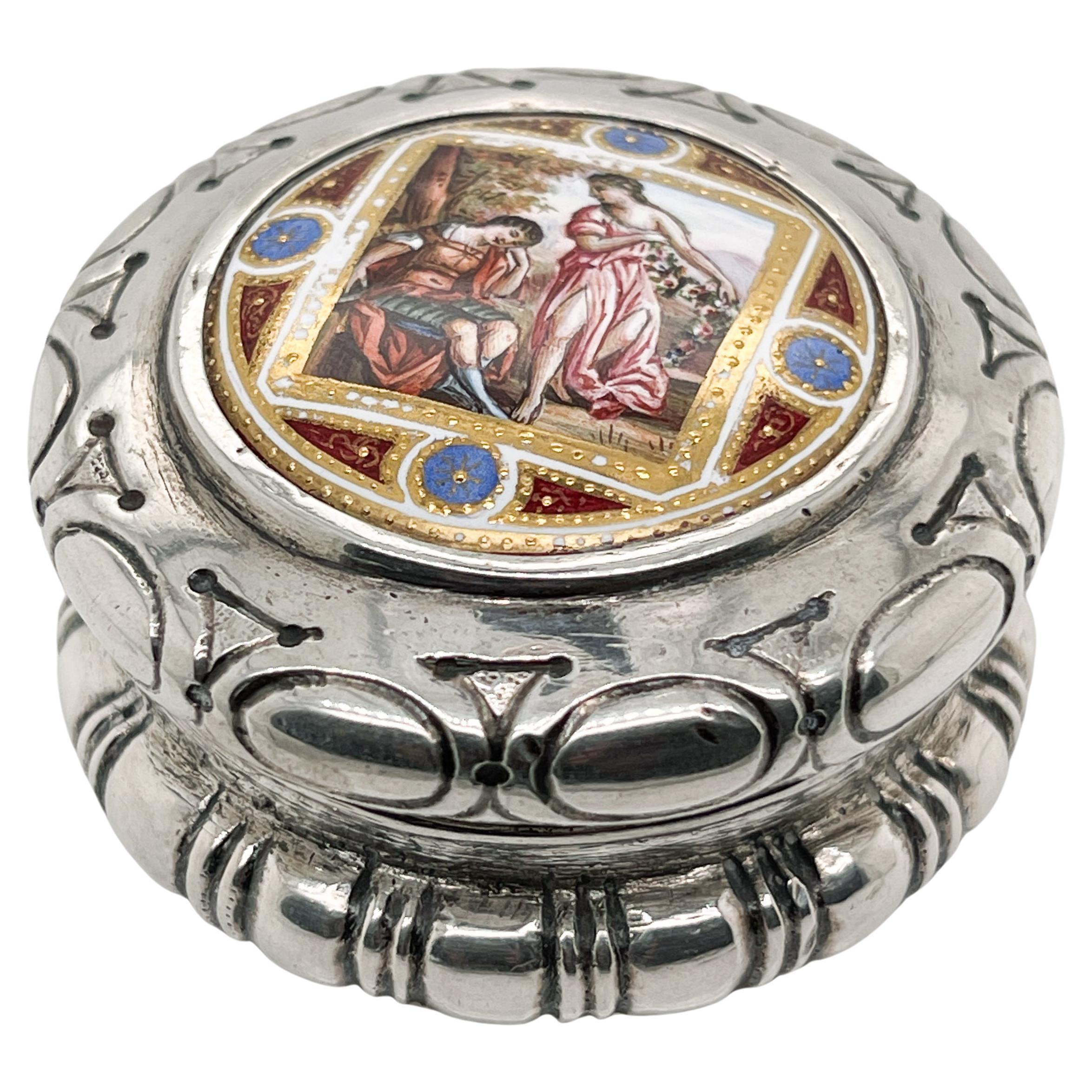 Antike österreichische Schnupftabak- oder Patch-Box aus Silber und Emaille im Angebot