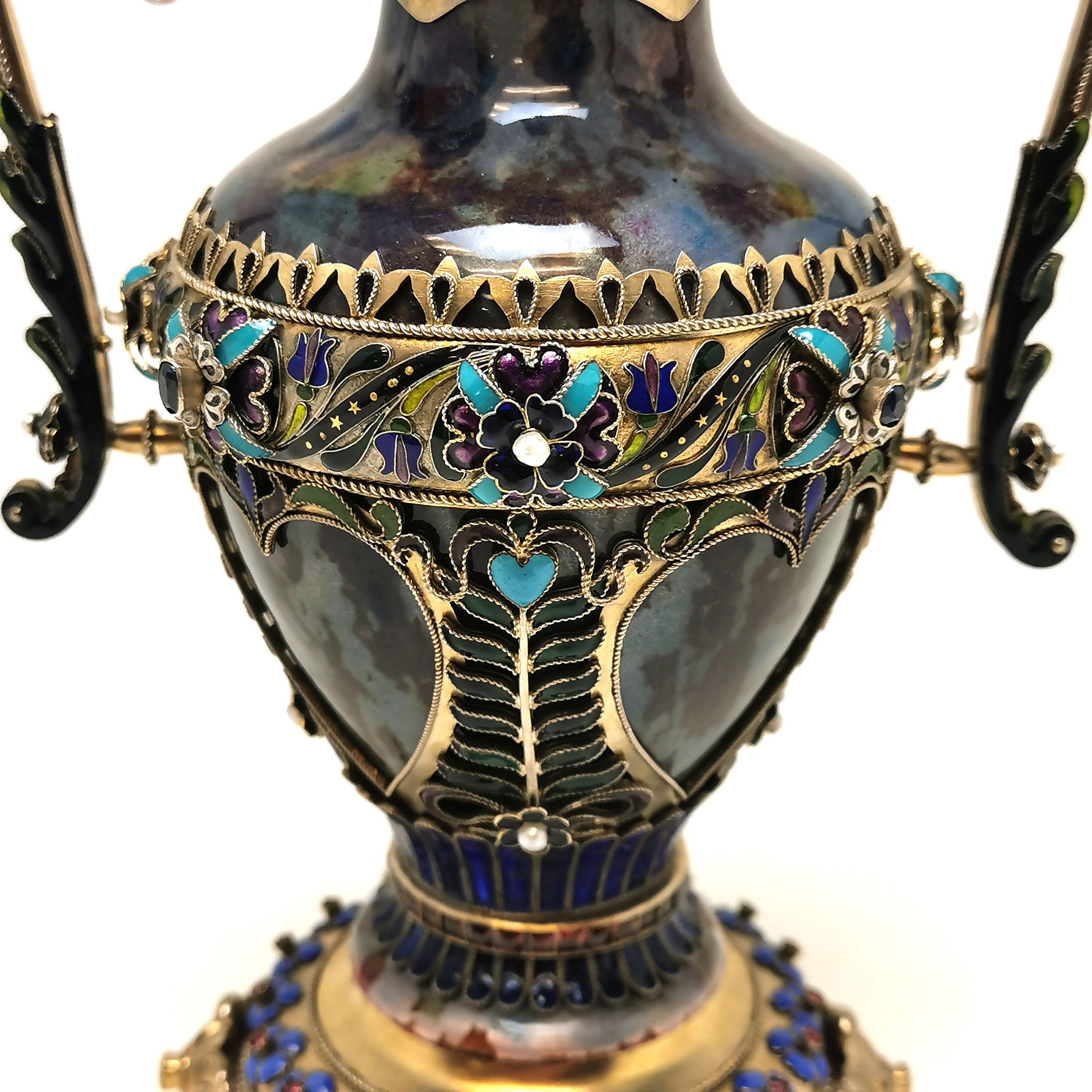 Antique Austrian Silver Gilt, Enamel and Gem Set Vase c. 1880 3