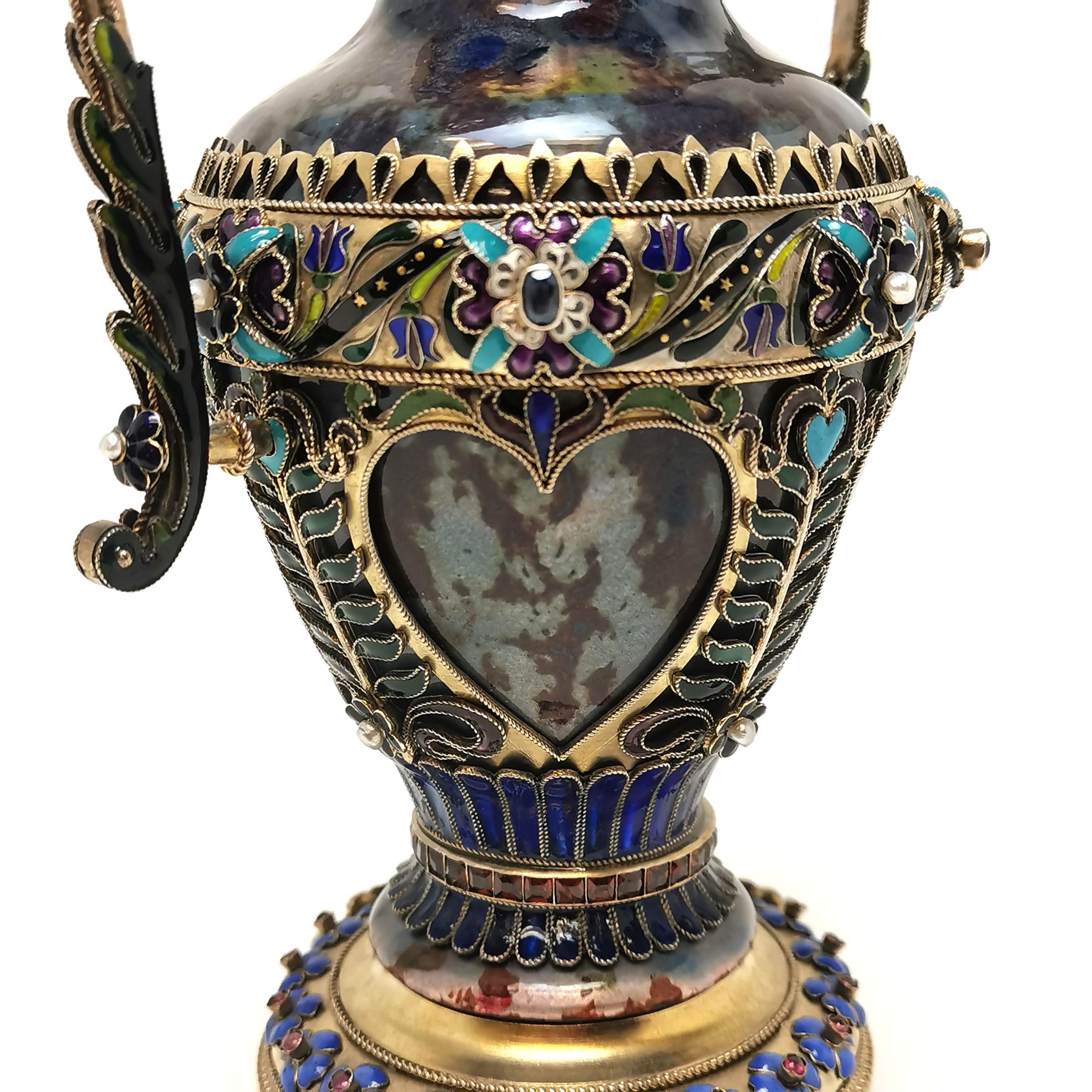 Antique Austrian Silver Gilt, Enamel and Gem Set Vase c. 1880 4