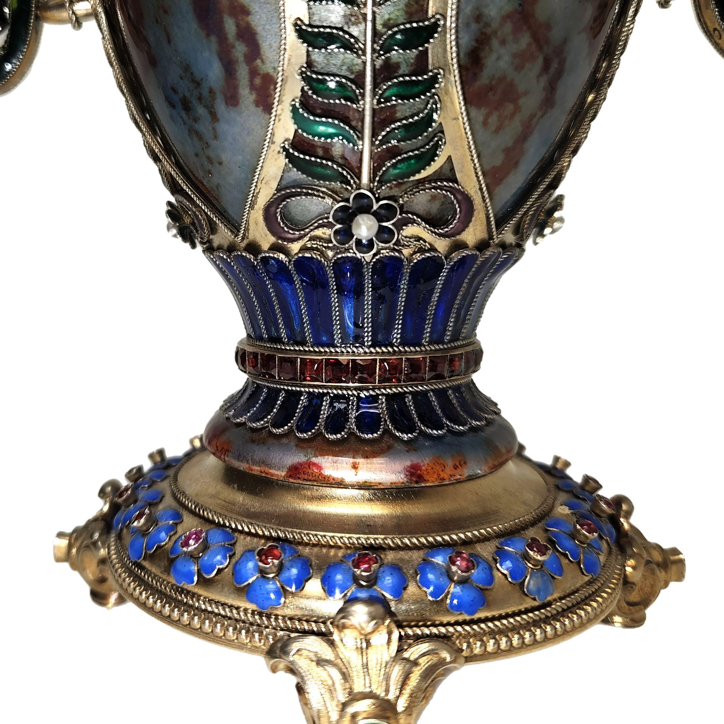 Antique Austrian Silver Gilt, Enamel and Gem Set Vase c. 1880 5
