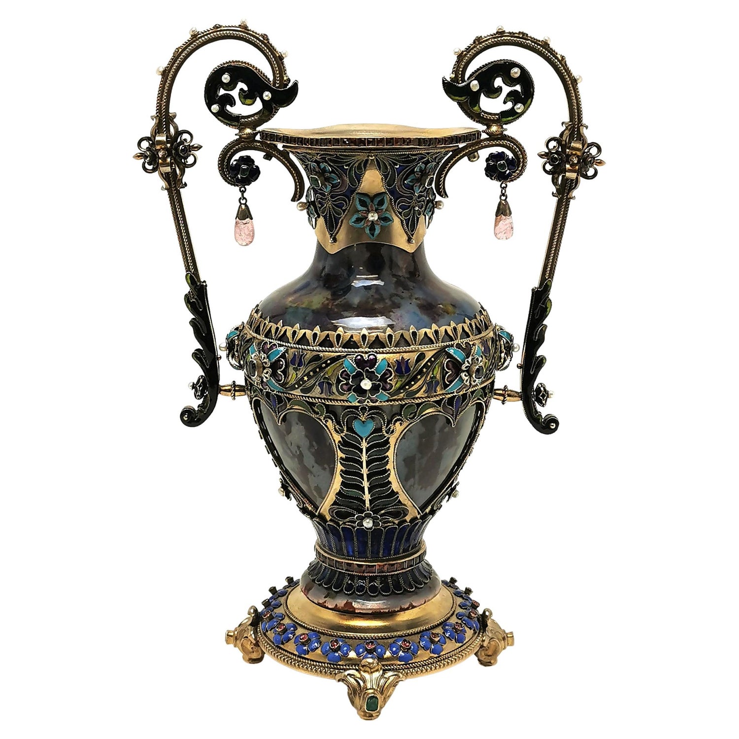 Antique Austrian Silver Gilt, Enamel and Gem Set Vase c. 1880