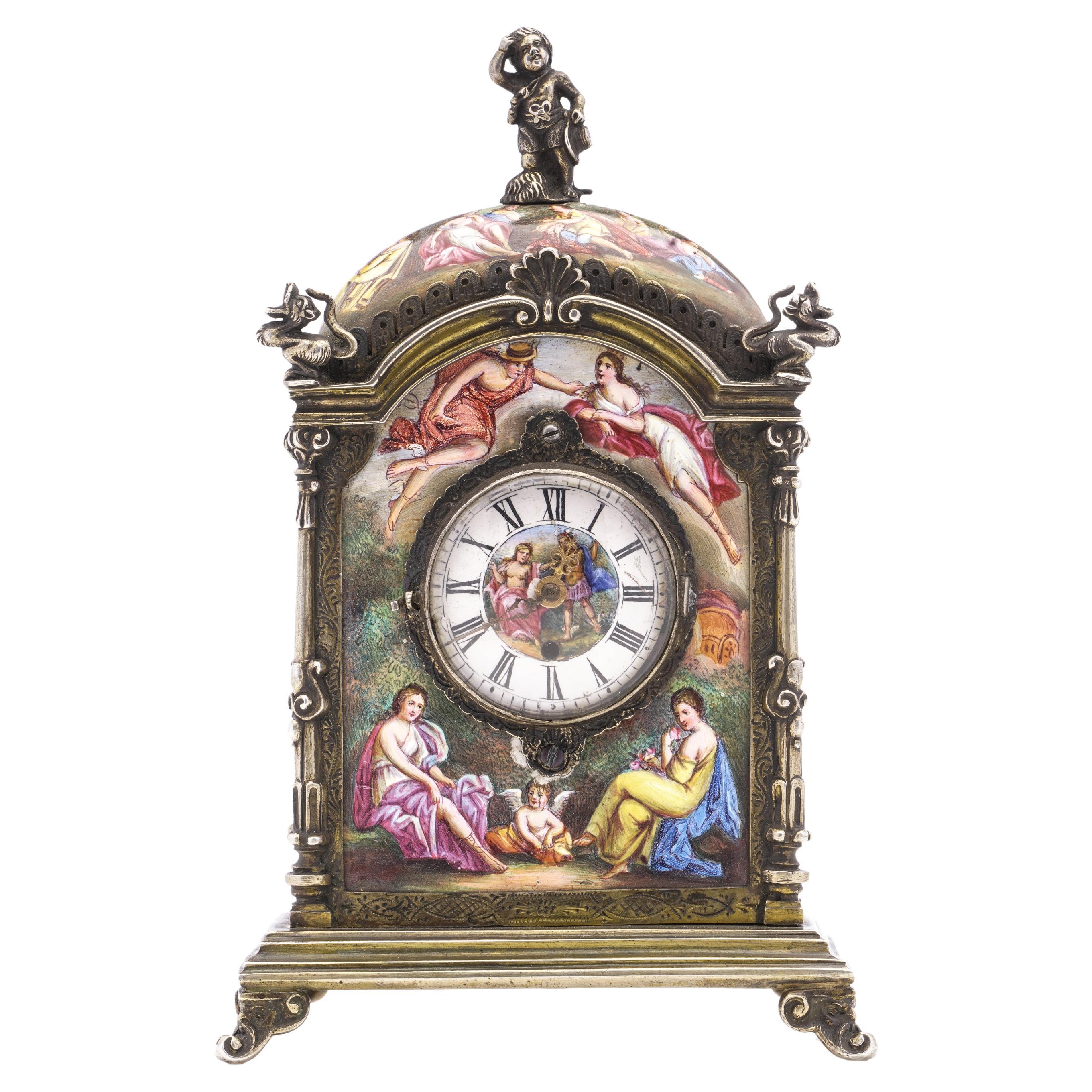 Antique Austrian Silver Guilt and Enamel Clock, Vienna, circa 1880 by Hermann Ra For Sale