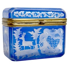 Antique Austrian Sky Blue Bohemian Engraved Cut Crystal Trinket Box with Lid