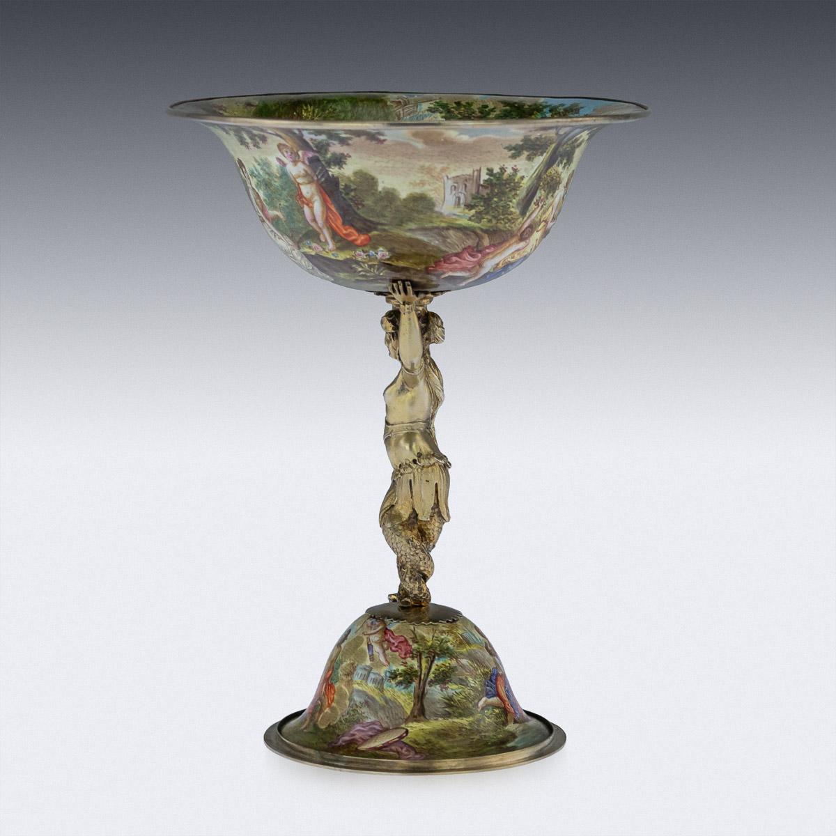 Antique 19th century Austrian solid silver-gilt and enamelled figural tazza, silver mounts richly gilt and domed bowl and base beautifully enamelled depicting romantic Renaissance scenes, extremely well painted, the body modelled as mermaid holding