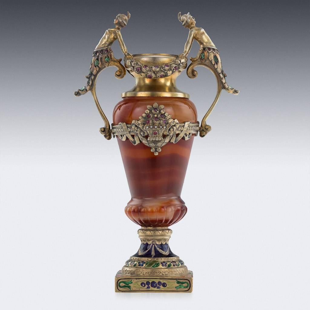 Renaissance Revival Antique Austrian Solid Silver, Enamel and Gem Set Figural Agate Vase, circa 1880