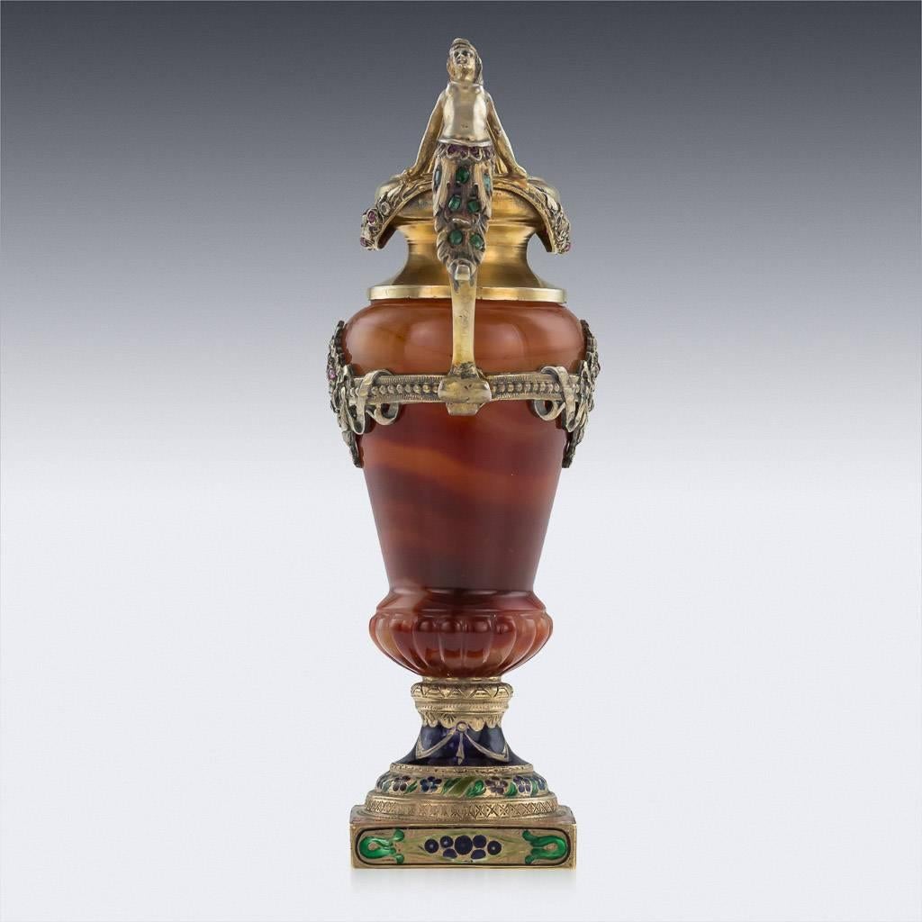 Antique Austrian Solid Silver, Enamel and Gem Set Figural Agate Vase, circa 1880 In Good Condition In Royal Tunbridge Wells, Kent