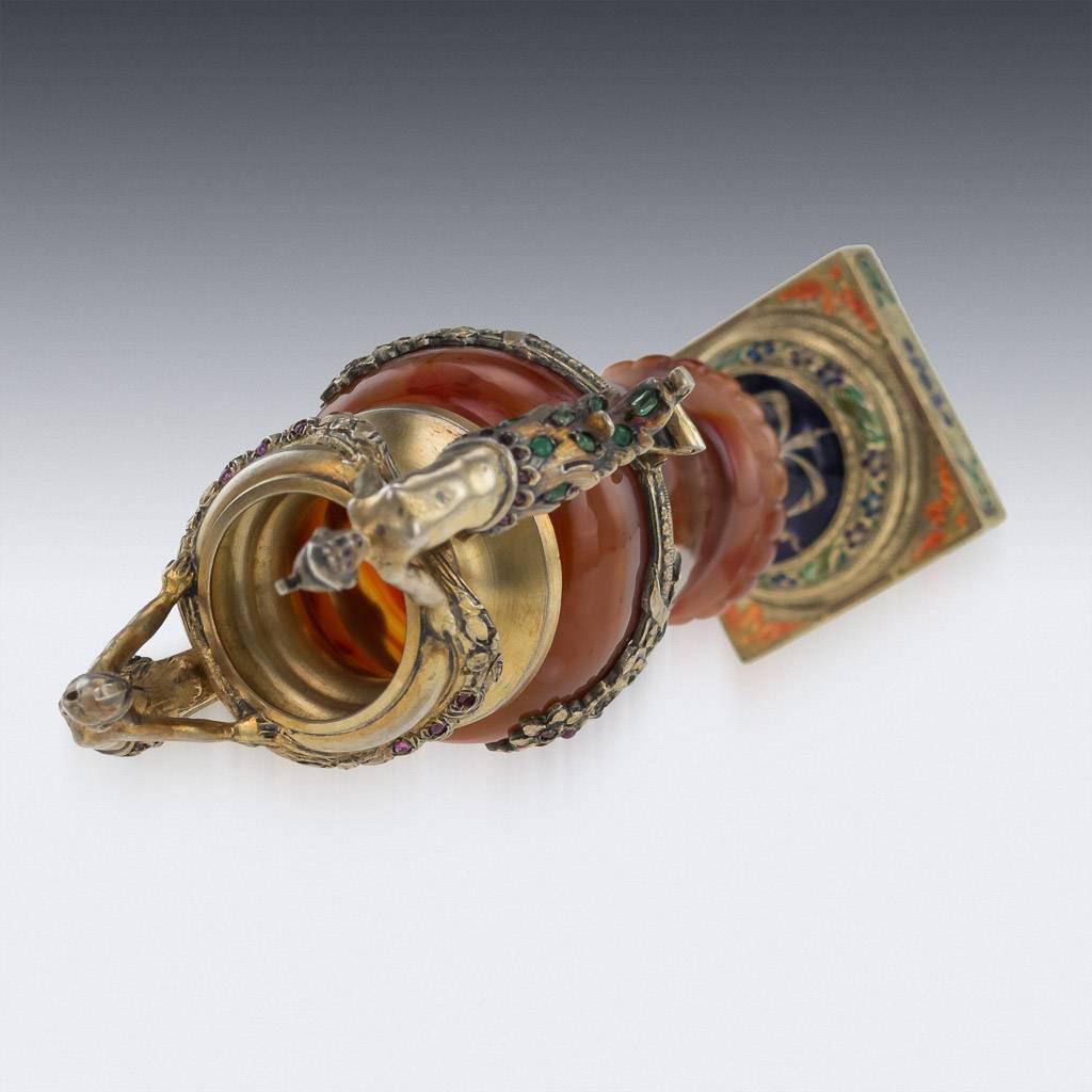 19th Century Antique Austrian Solid Silver, Enamel and Gem Set Figural Agate Vase, circa 1880