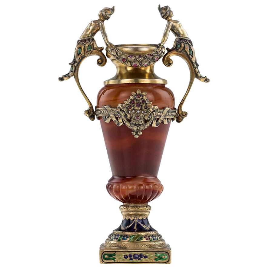 Antique Austrian Solid Silver, Enamel and Gem Set Figural Agate Vase