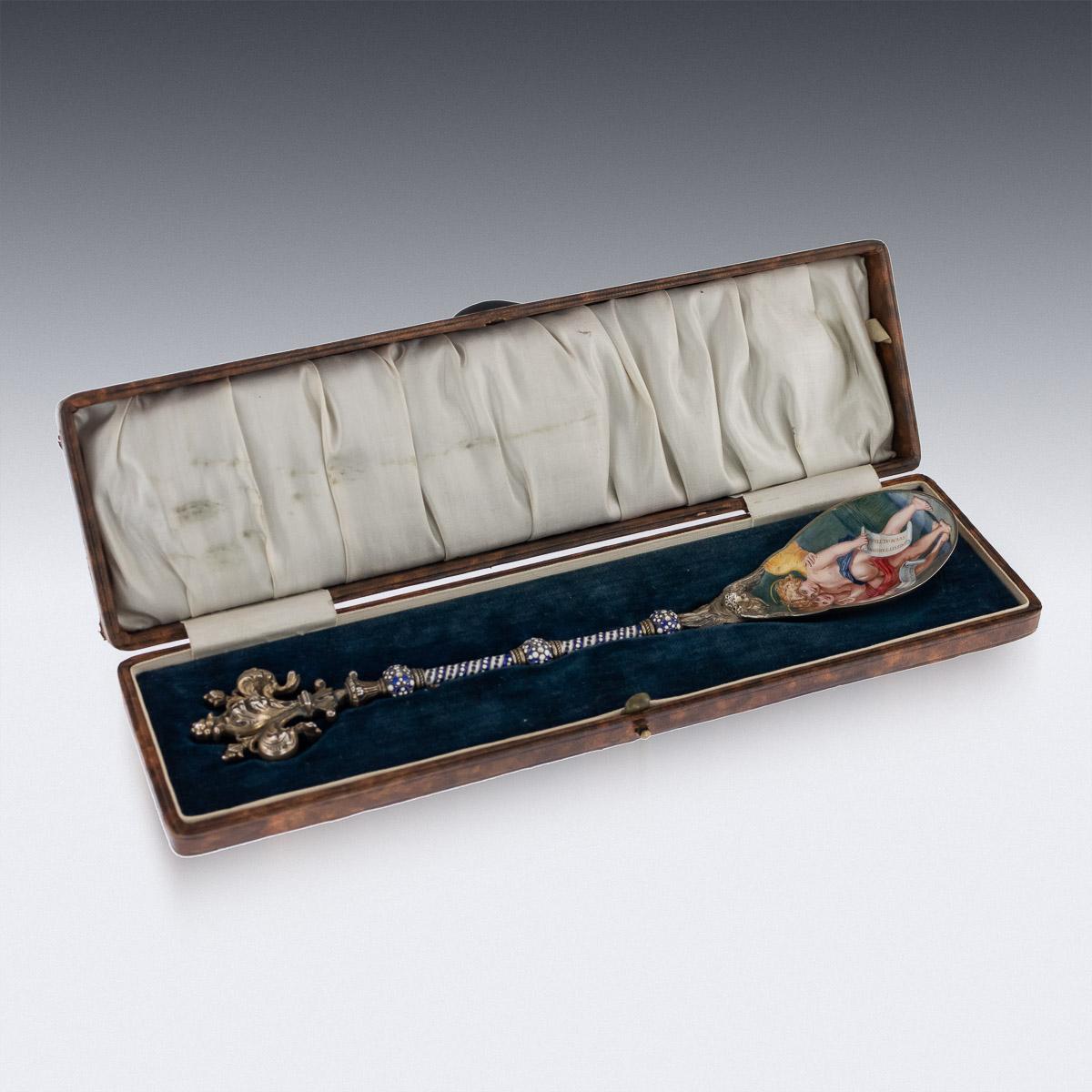 Antique 19th century Austrian solid silver-gilt and enameled large presentation spoon, silver richly gilt and spoons inner-bowl and stem beautifully enamelled depicting Renaissance inspired scene depicting a pair of angels, extremely well painted,