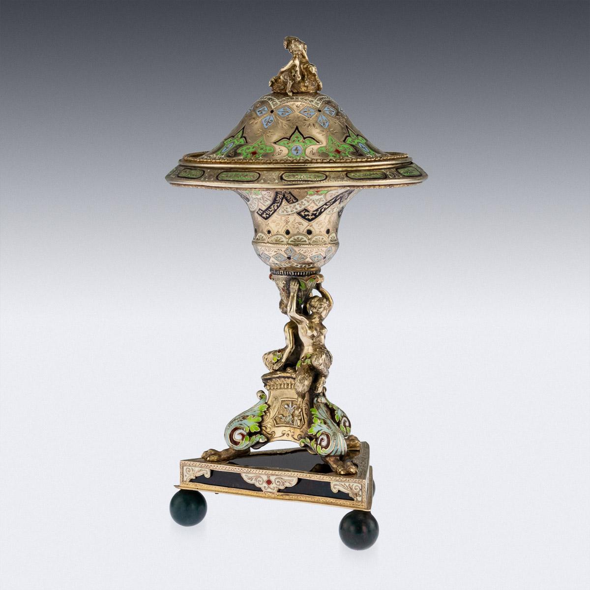 Antique late-19th century Austrian exceptional solid silver-gilt, enamel and blood stone set lidded tazza, standing on a triangular base set with three ball feet, the stem formed as a plinth on paw feet topped by fawns holding up the bowl with