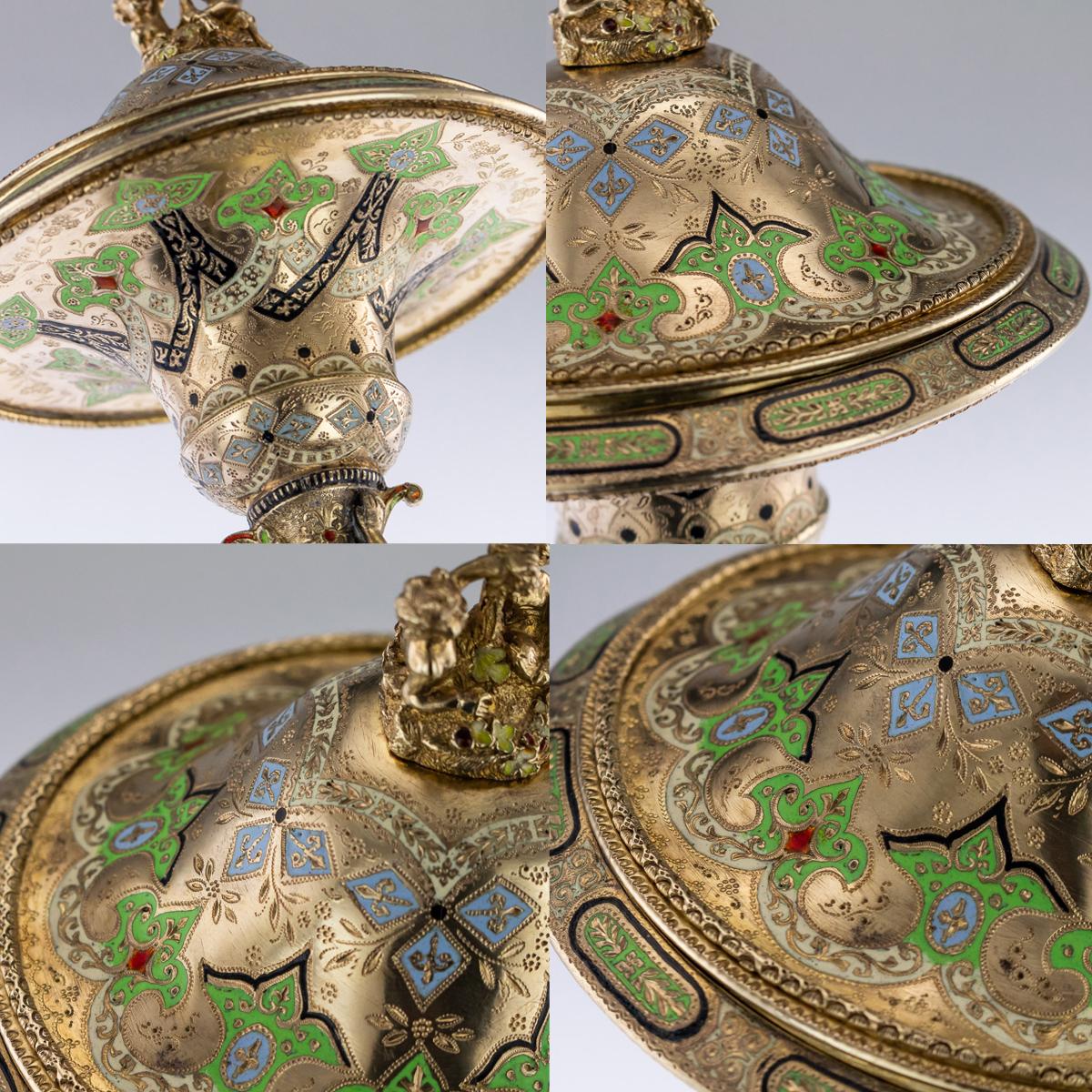 Antique Austrian Solid Silver-Gilt and Enamel Lidded Tazza, Vienna, circa 1890 4