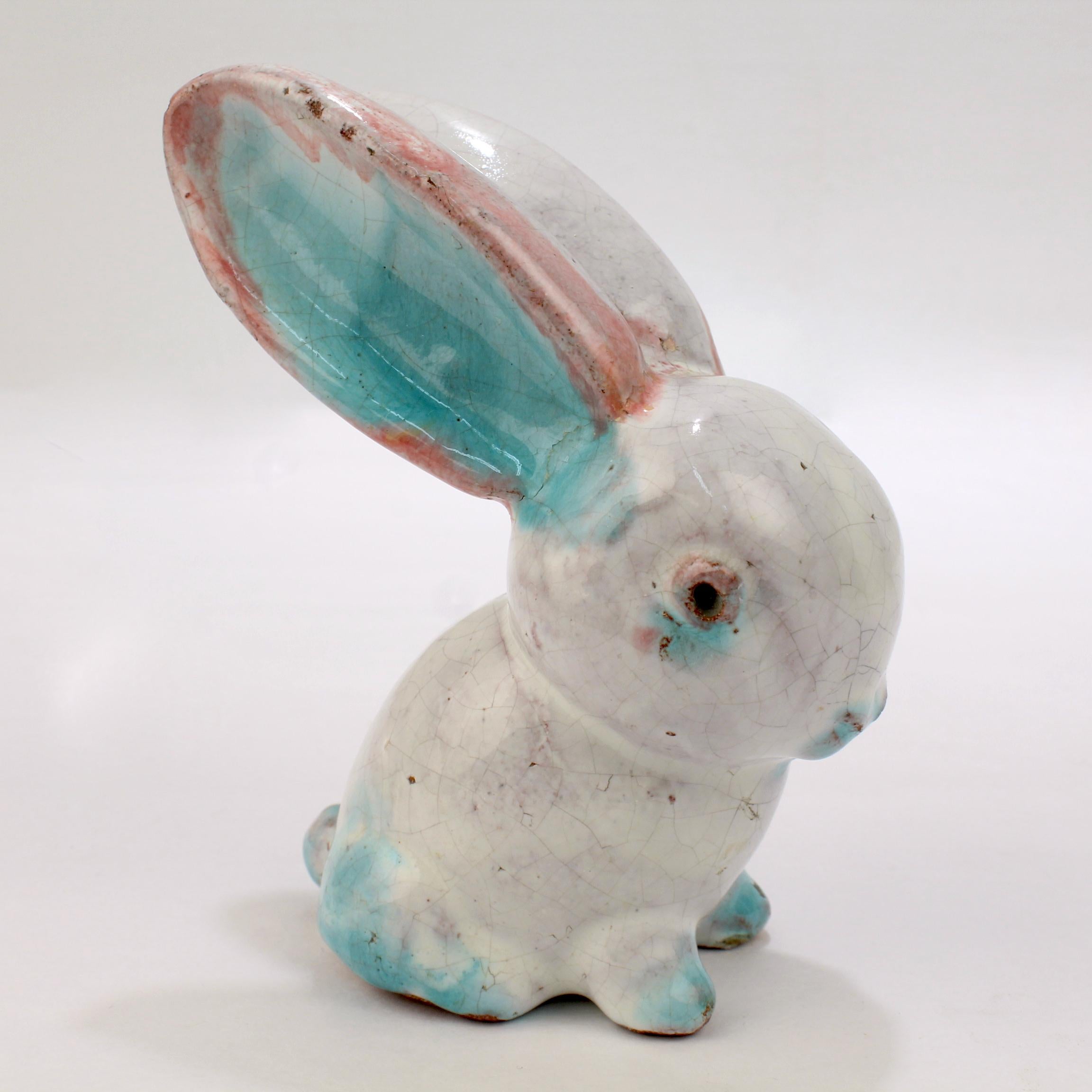 An antique Austrian Kuftstein tin-glazed terracotta pottery figurine of a rabbit.

Modeled by Walter Bosse.

In the Wiener Werkstätte style.

Simply a wonderful figurine!

Date:
Early 20th century

Overall condition:
It is in overall
