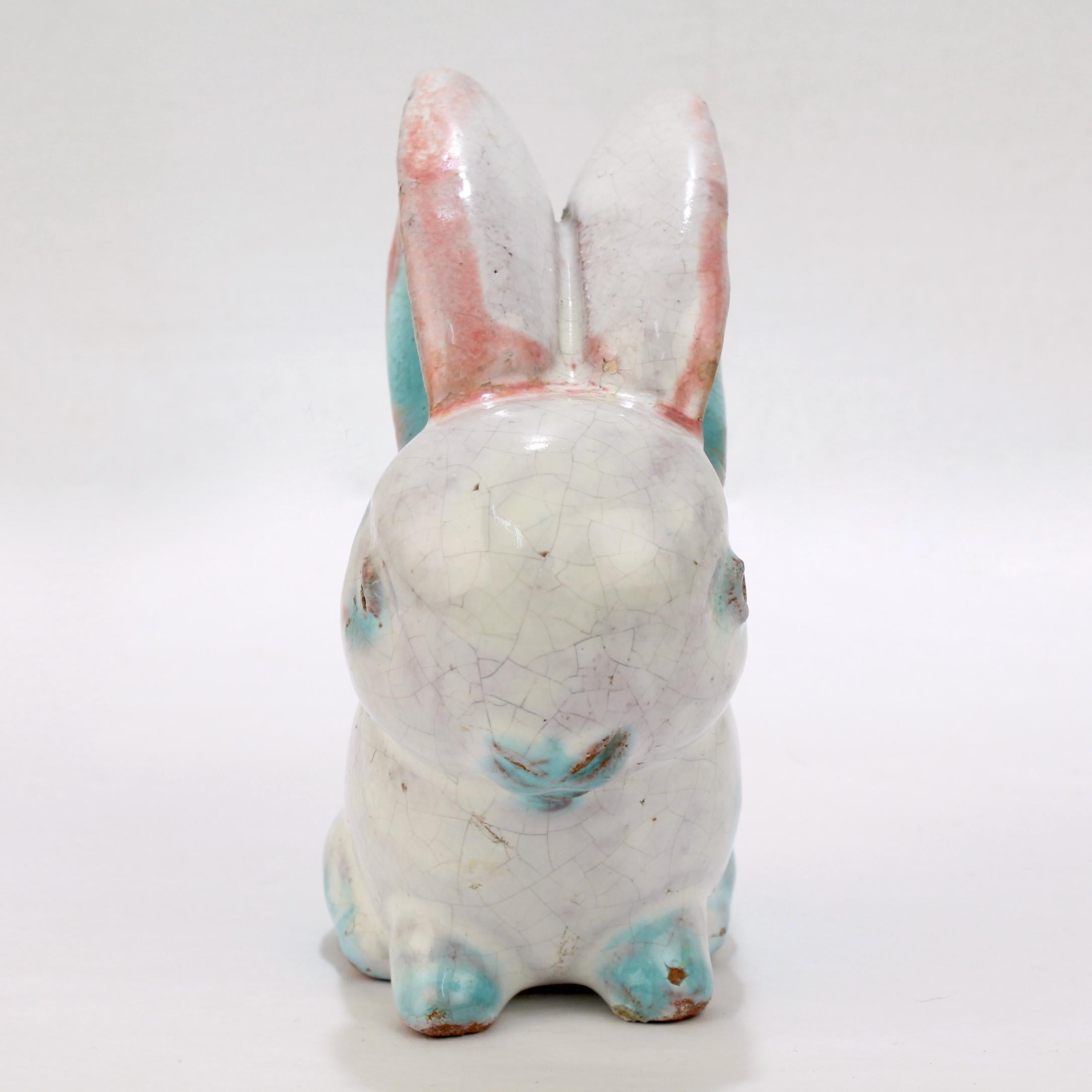 Glazed Antique Austrian Terracotta Pottery Rabbit Figurine by Walter Bosse for Kufstein