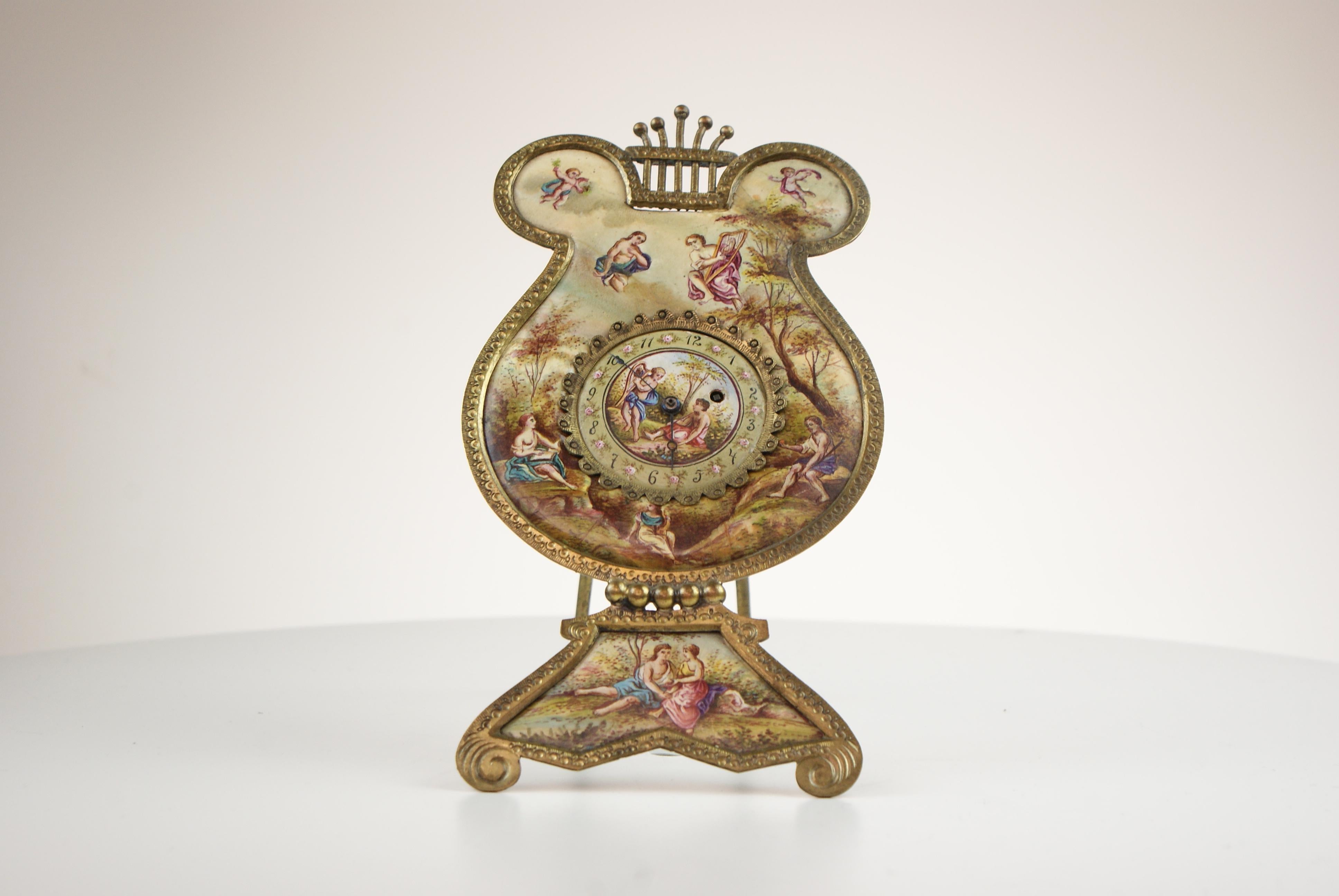 Antique Austrian Viennese Hand Painted Enamel Gilt Metal Lyre Clock In Good Condition In New York, NY