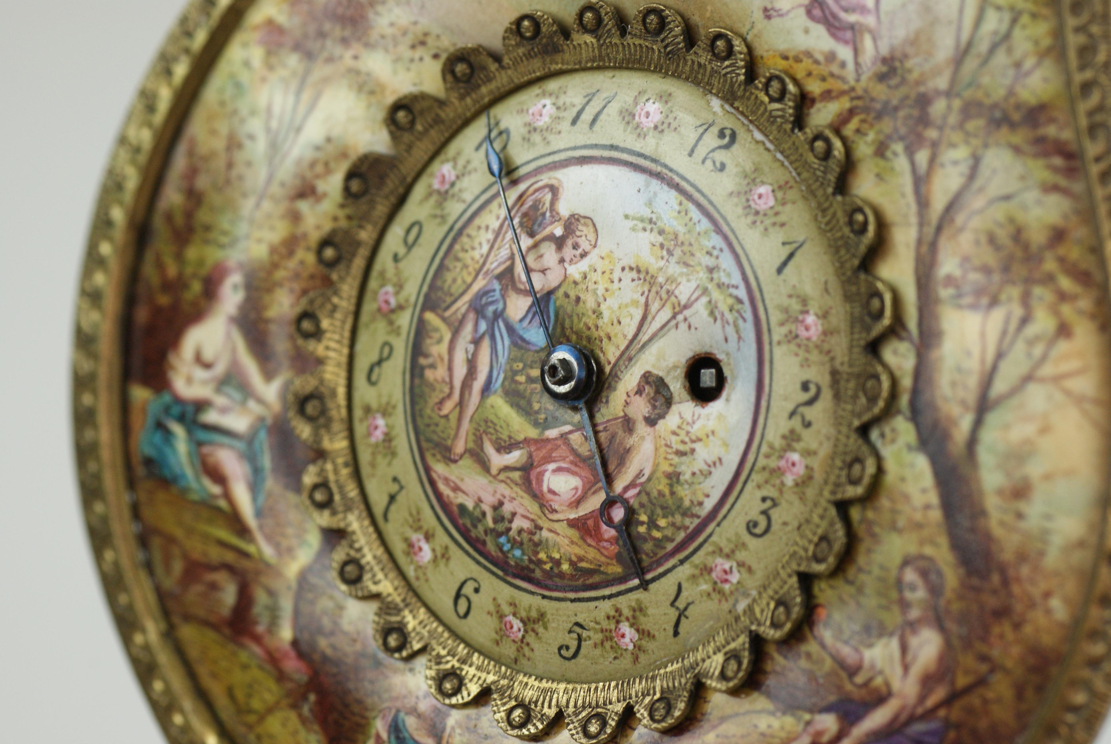 Antique Austrian Viennese Hand Painted Enamel Gilt Metal Lyre Clock 3