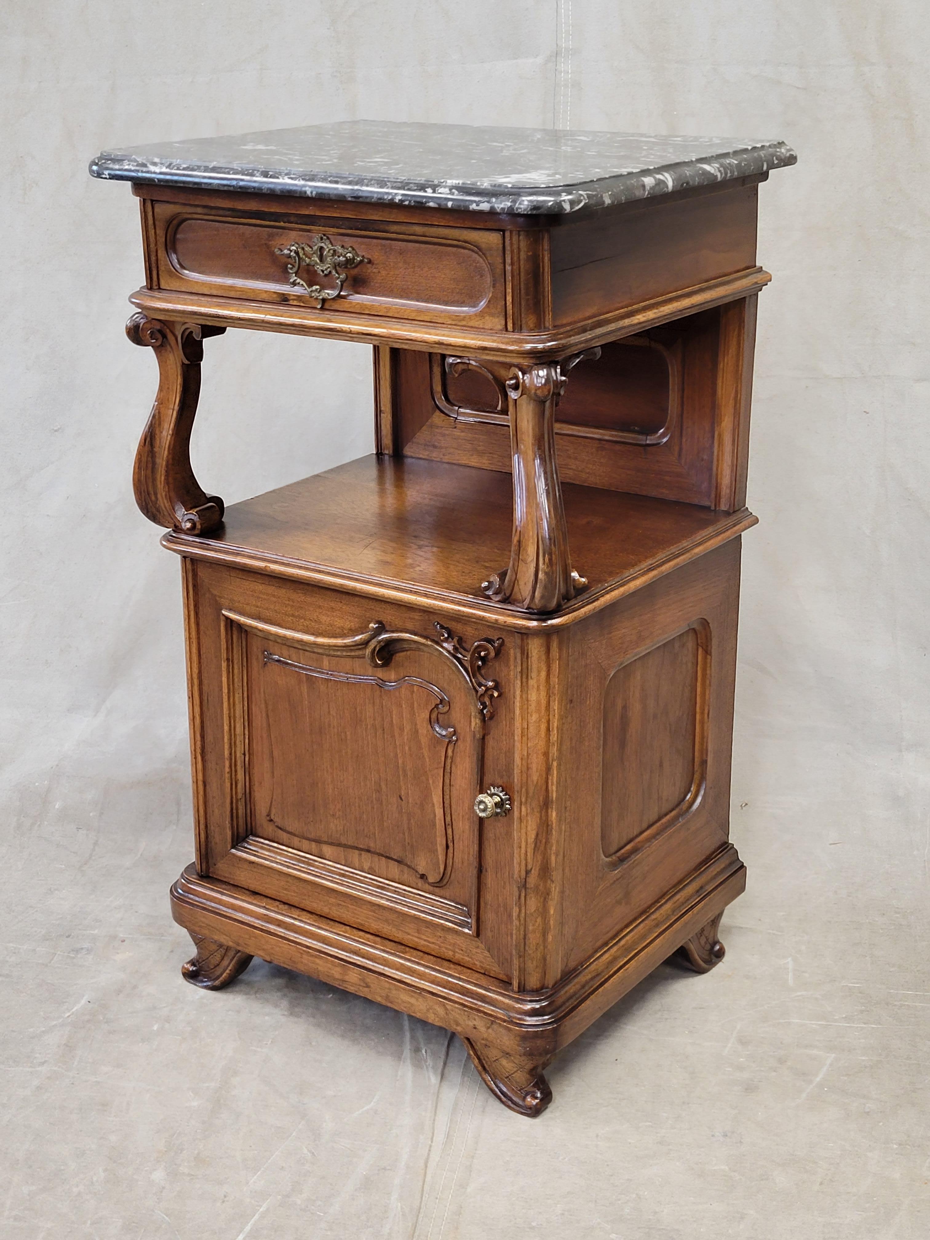 Hand-Crafted Antique Austrian Art Nouveau Walnut and Black Marble Top Nightstands - a Pair For Sale