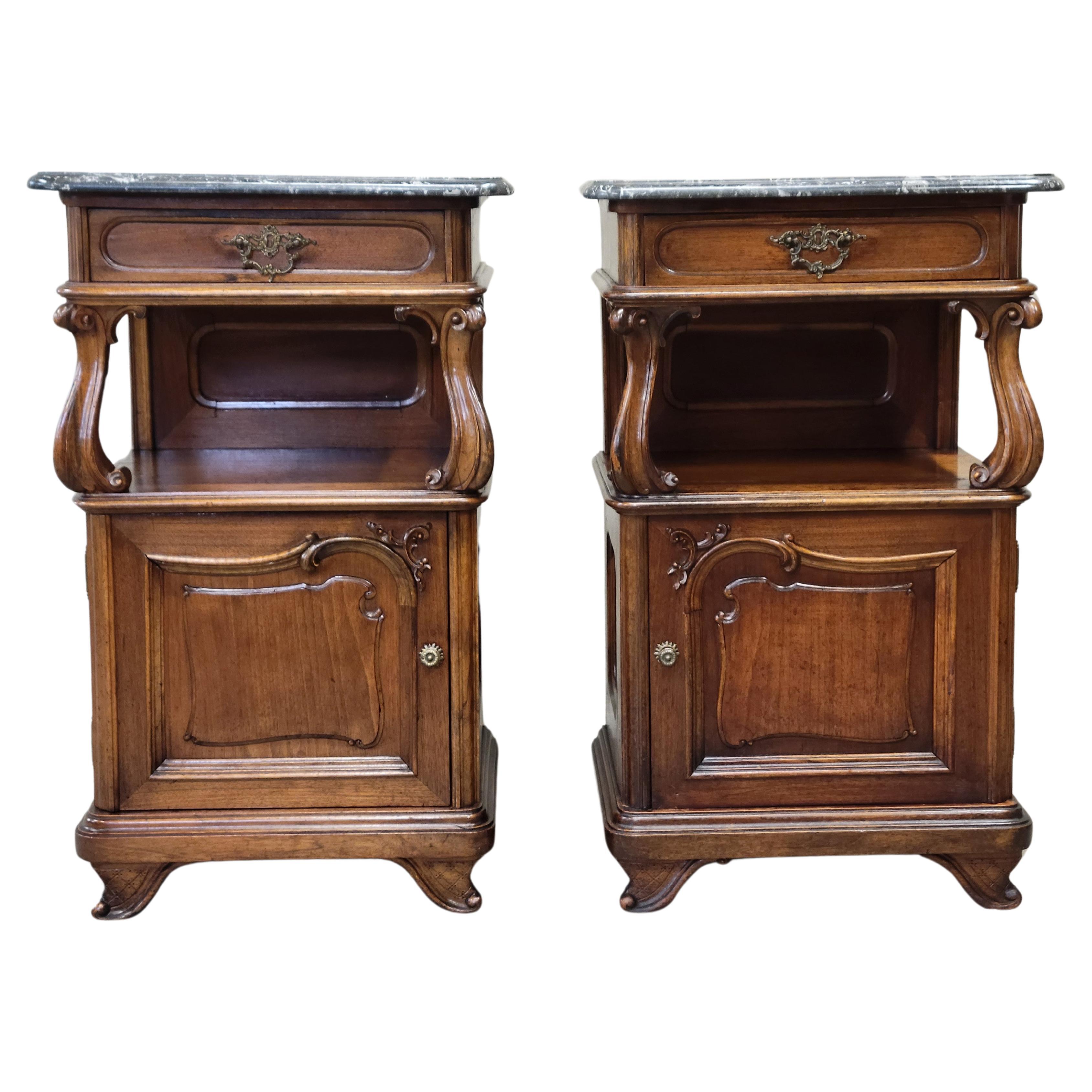 Antique Austrian Art Nouveau Walnut and Black Marble Top Nightstands - a Pair For Sale