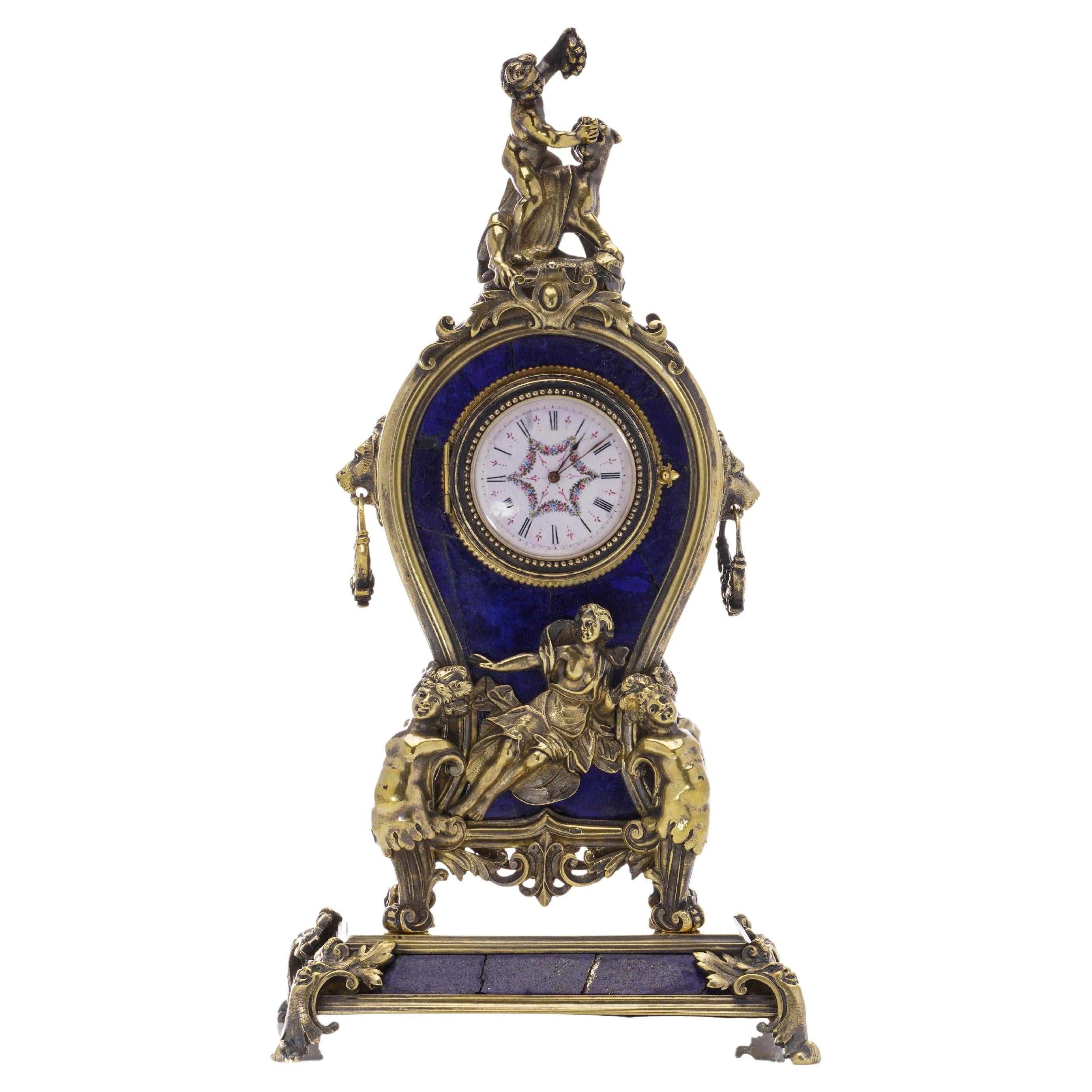Antique Austro-Hungarian 800 Silver and Lapis Lazuli Clock For Sale