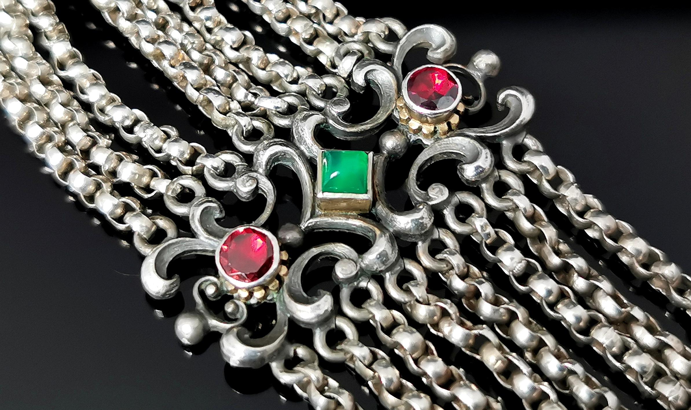 Victorian Antique Austro Hungarian bracelet, Garnet and Chalcedony, 800 Silver