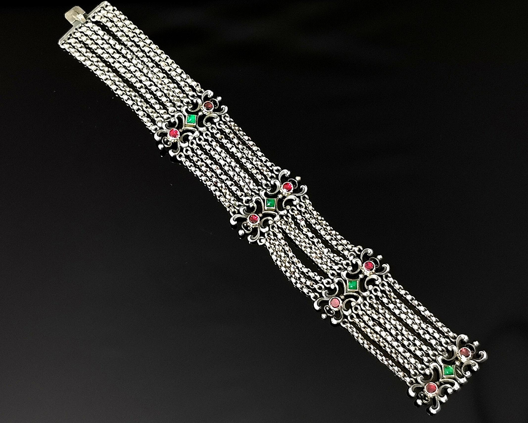 Mixed Cut Antique Austro Hungarian bracelet, Garnet and Chalcedony, 800 Silver