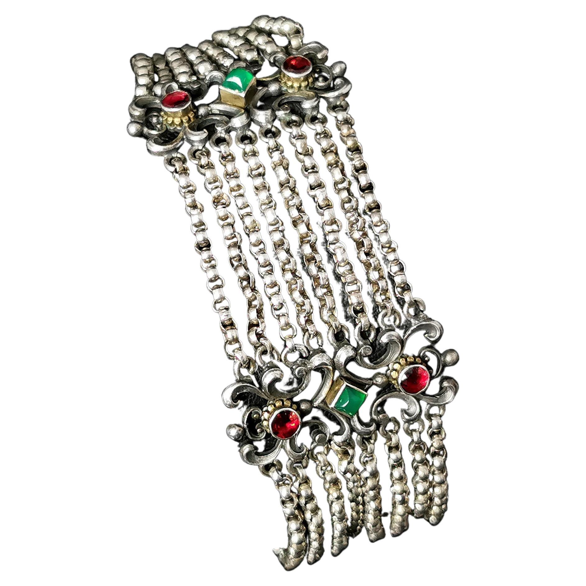 Antique Austro Hungarian bracelet, Garnet and Chalcedony, 800 Silver