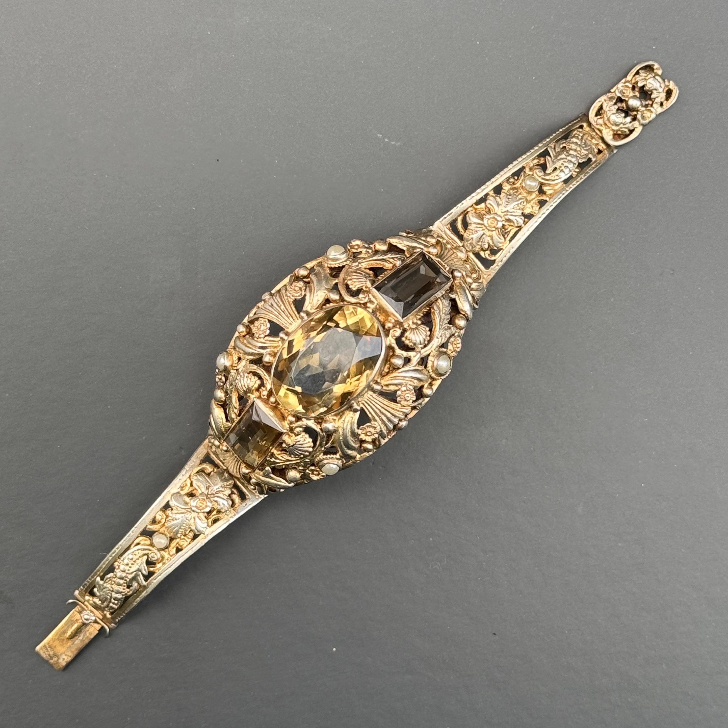 Art Nouveau Antique Austro Hungarian Citrine gold gilded Silver Bracelet For Sale