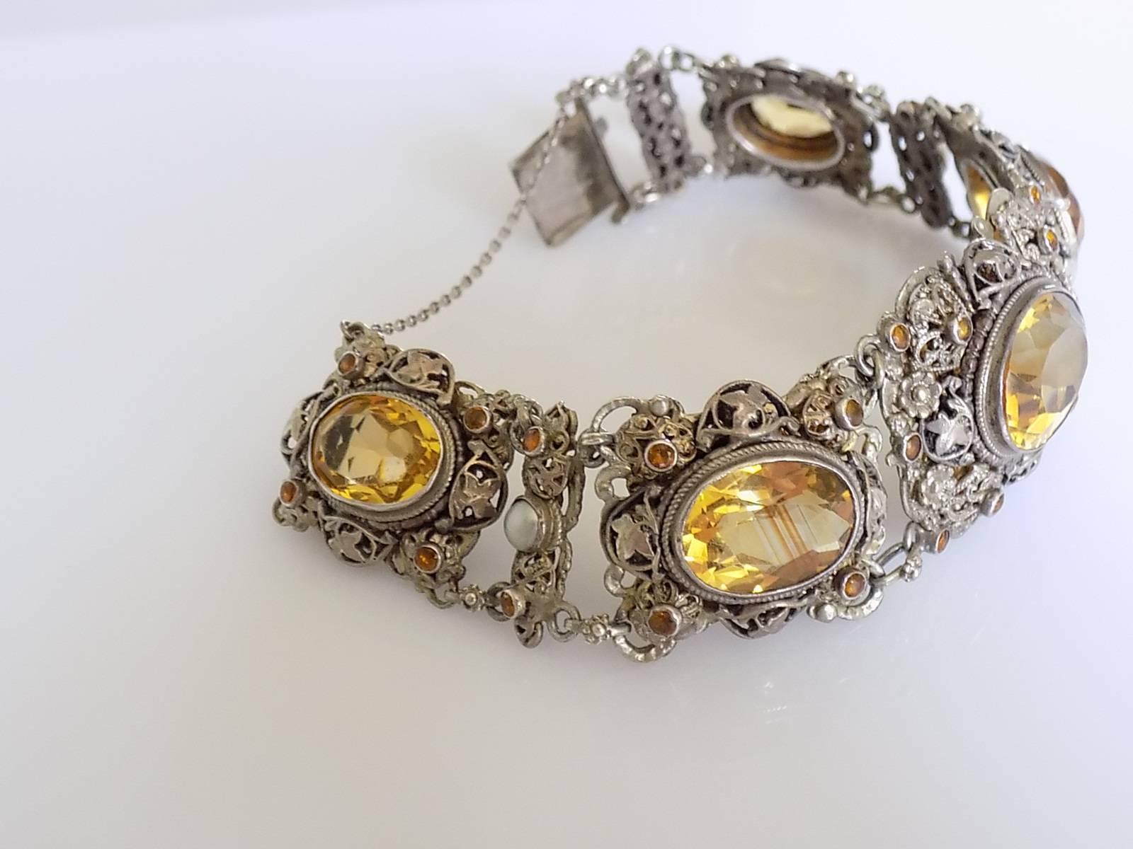 Victorian Antique Austro Hungarian Citrine Silver Pearl Bracelet