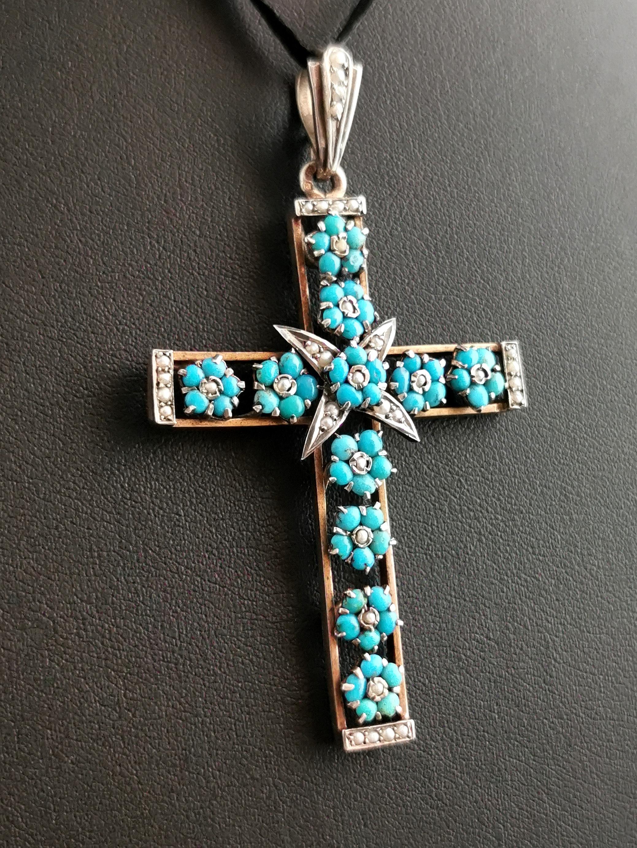 Antique Austro Hungarian Cross Pendant, Turquoise and Seed Pearl, Silver 1