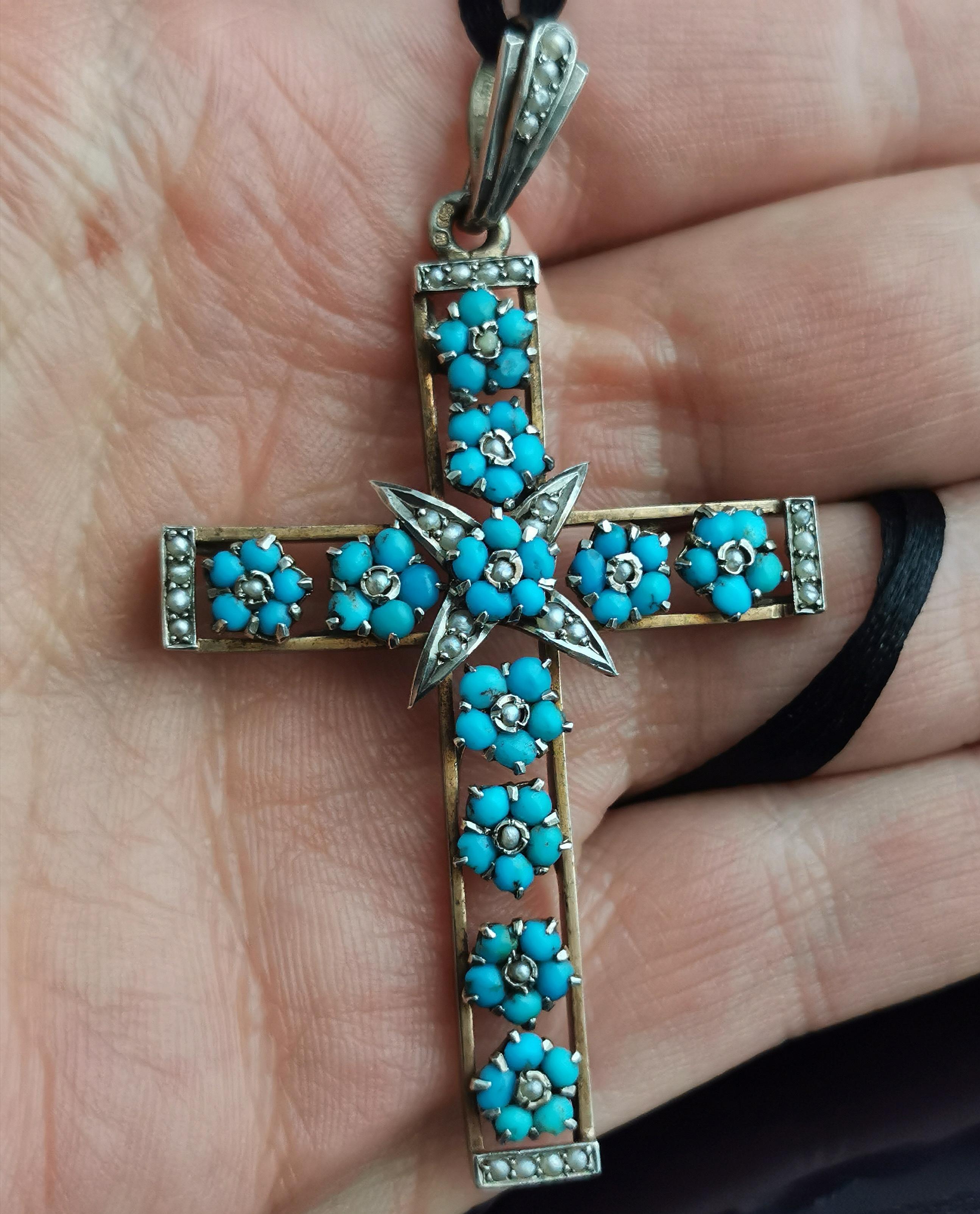 Antique Austro Hungarian Cross Pendant, Turquoise and Seed Pearl, Silver 2