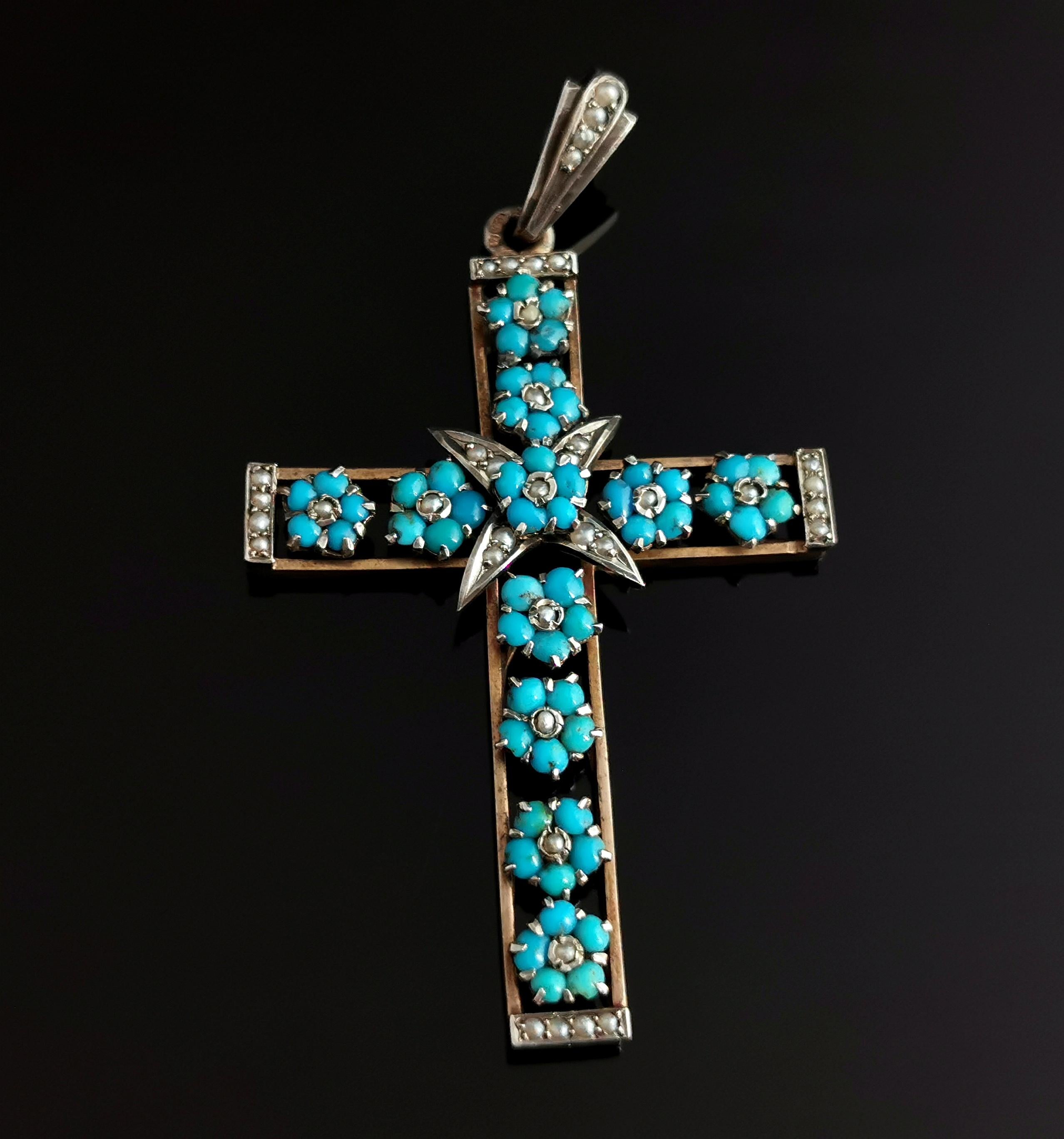 Antique Austro Hungarian Cross Pendant, Turquoise and Seed Pearl, Silver 3